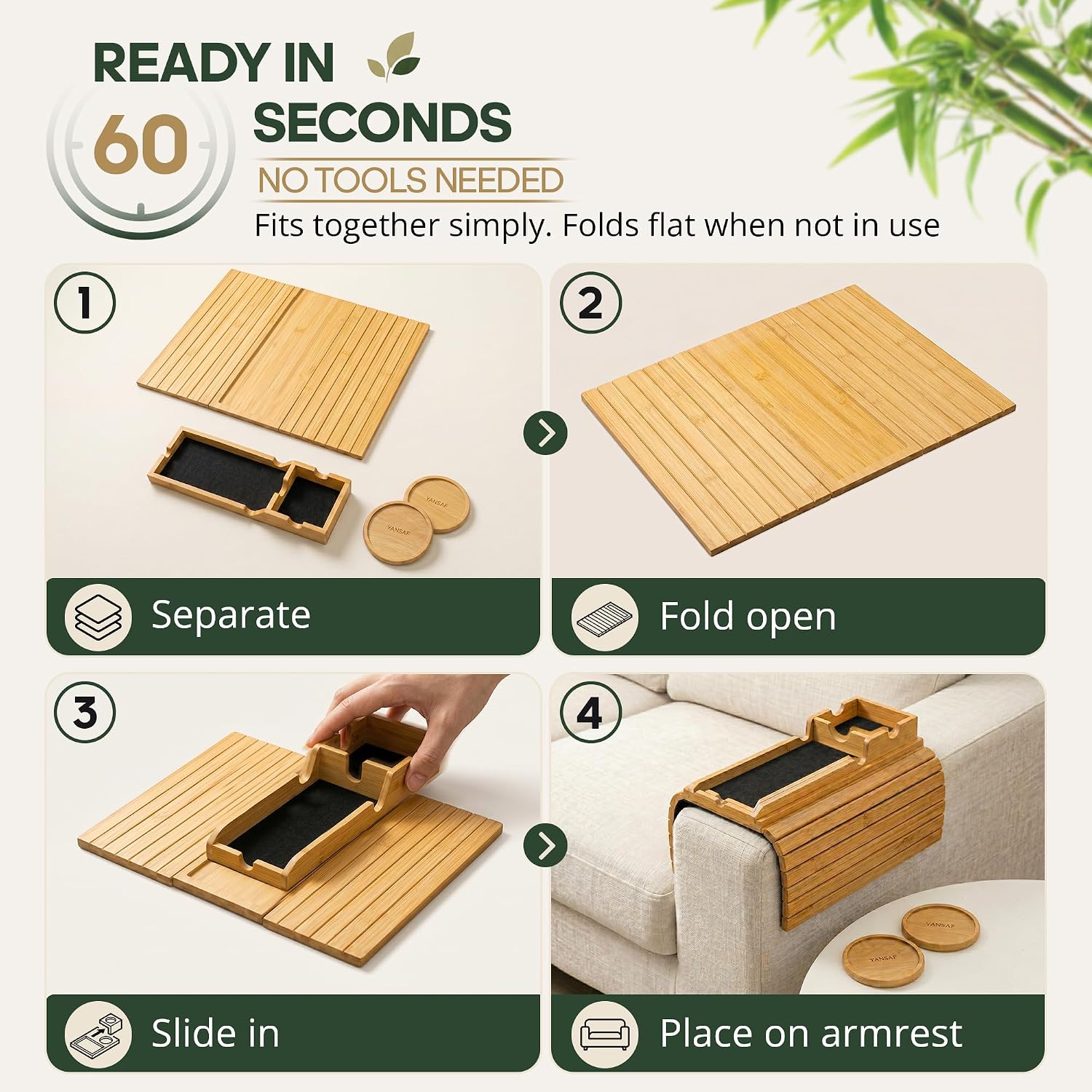 Bamboo Couch Cup Holder Tray with Phone Slot & 2 Wooden Coasters, Sofa Armrest Table, Anti-Slip Couch Arm Tray, Removable Drink Holder for Sofa, Recliner, Snacks, Remote & Living Room image 3
