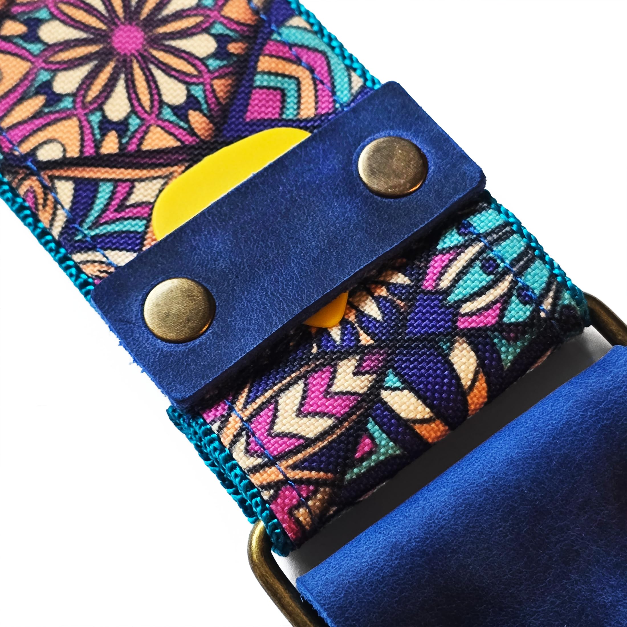 BigBo Blau & Türkis Gitarrengurt Orientalischer Gurt mit Plektrumhalter Vintage Gitarrengurt Geometrisches Design Natutal Leder Enden