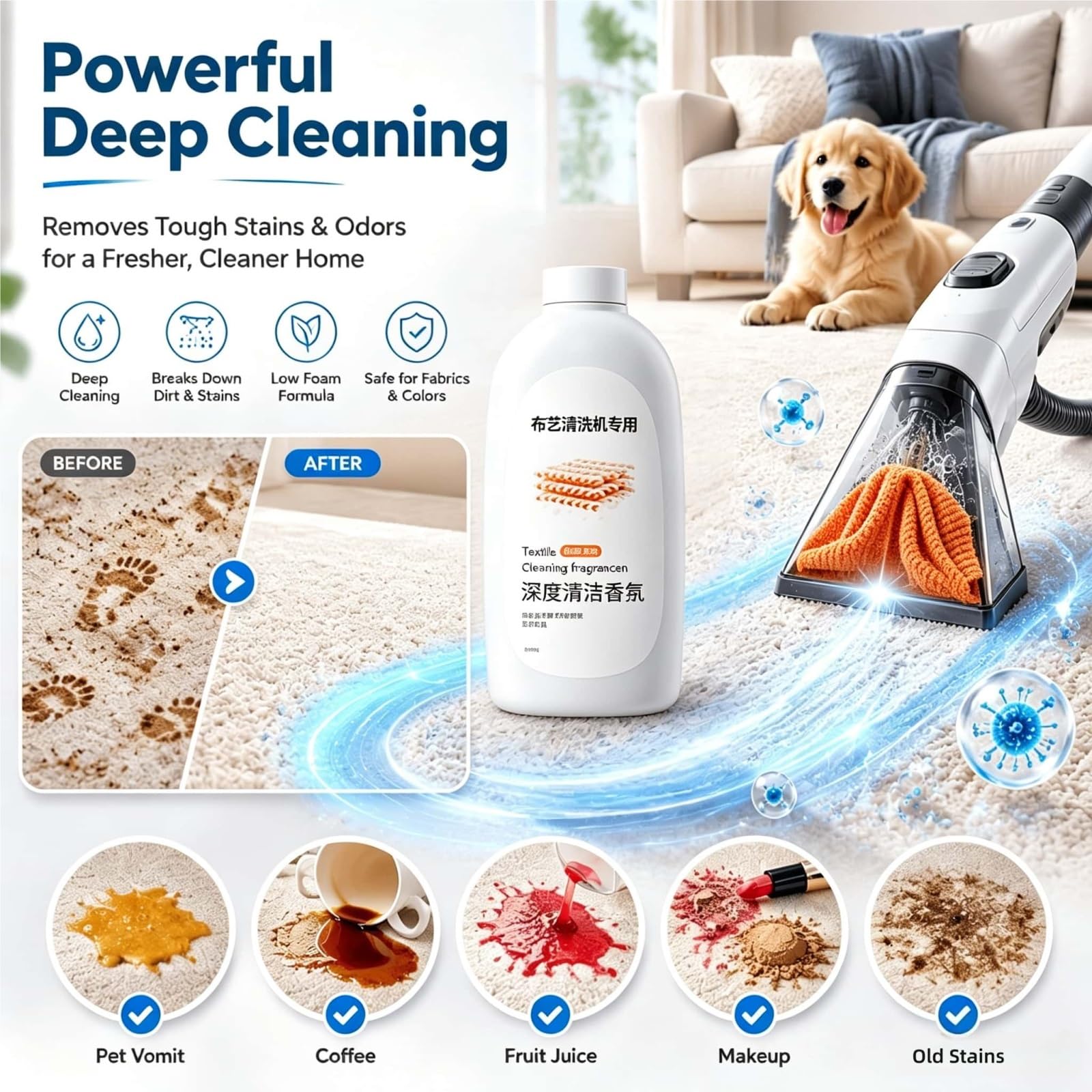 Compatible con UWANT Solución Limpiadora for Alfombras Portátil, 500mlX3, Fórmula Baja Espuma, Sin Residuos, Elimina Varias Manchas en Tejados del Hogar