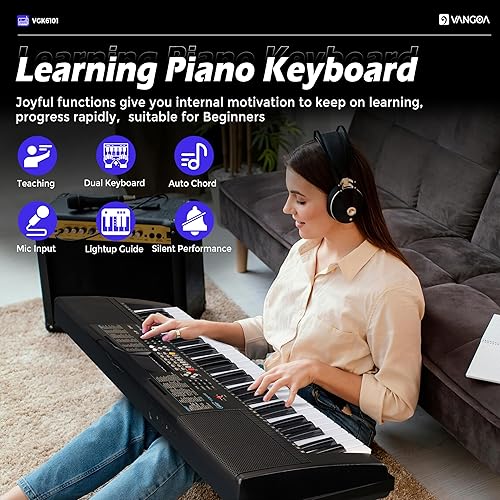 Miniatura 5 de Vangoa Piano de teclado de 61 teclas, kit de teclado de piano eléctrico iluminado con 600 voces, 400 ritmos con soporte para piano, micrófono, Negro