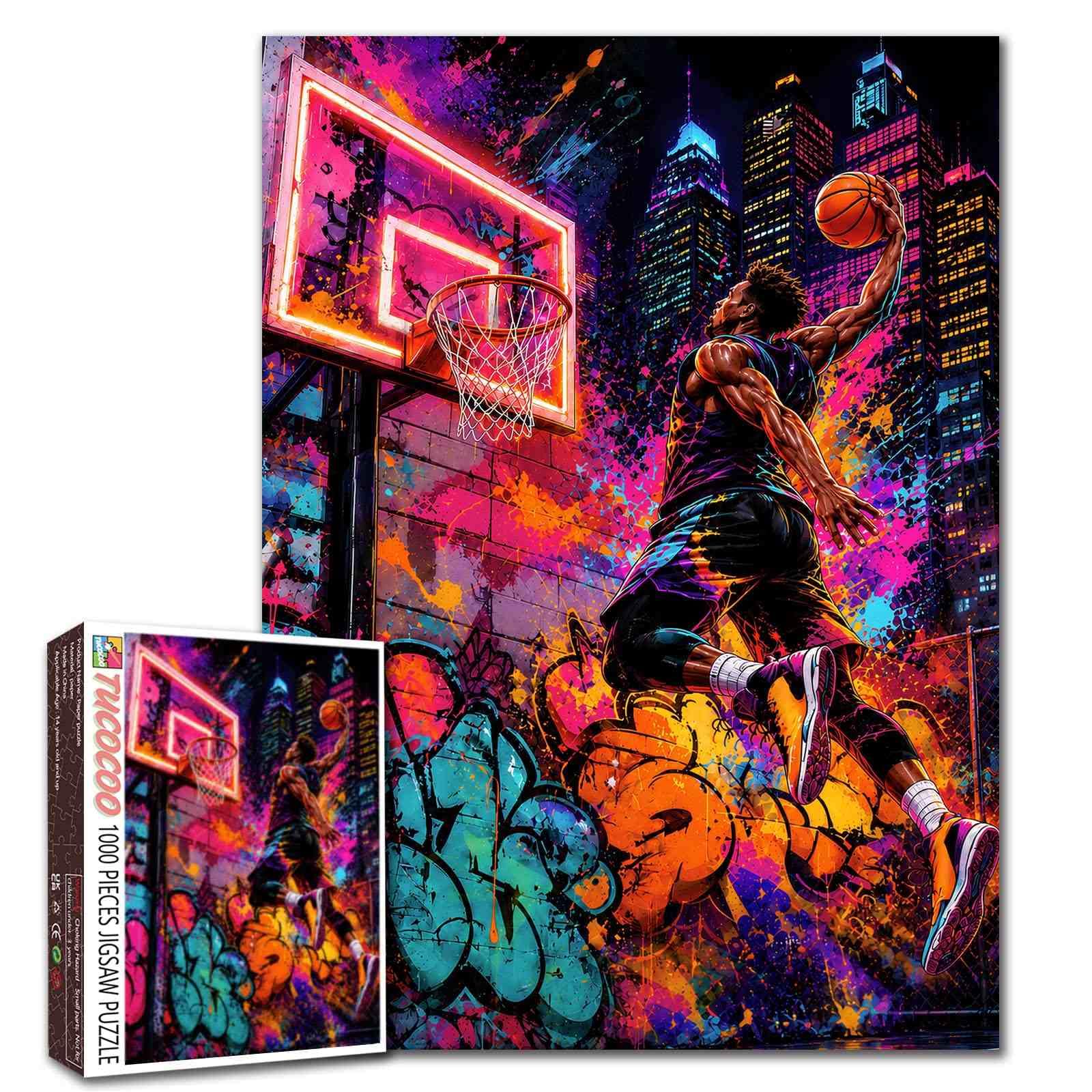 Basketball Slam Dunk Jigsaw Puzzles for Adults 1000 Pieces Powerful Athlete Glowing Hoop Sports Scene for Family Activity Games Basketball Fan Wall Decor 19.7 x 27.6 Inch