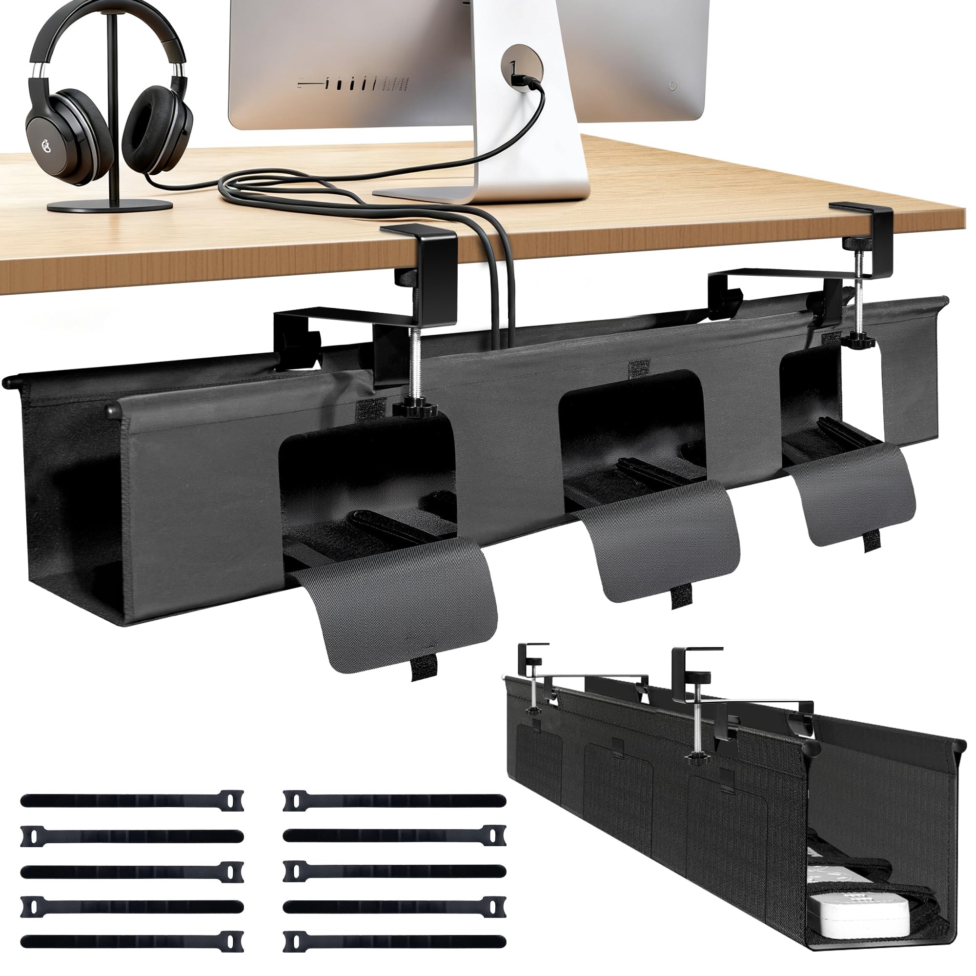 Inefticism Under Desk Cable Management Tray No Drill, 36" Clamp Mount Under Desk Cord Organizer for Standing Desk Cable Management, Fabric Cord Organizer Fabric for Office Home, Black