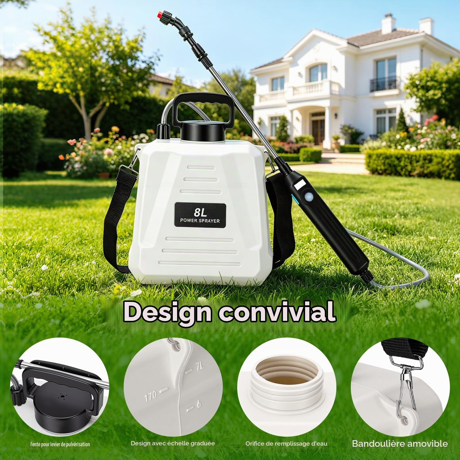 Pulvérisateur Electrique 8l, Pulvérisateur à Batterie avec 3 Buses à Brume, Pulverisateur de Jardin pour Toiture, Pelouse, Cour et Jardin. (Blanc)