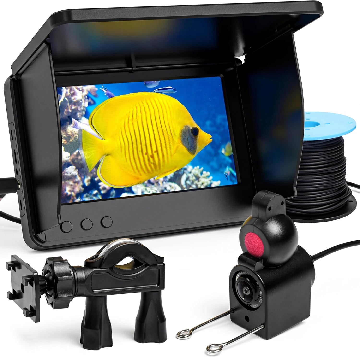 Underwater Fishing Camera, 5" IPS Monitor 1000TVL, 178° Wide View, IP68 Waterproof, 12 IR Night-Vision LEDs, 98ft Heavy-Duty Cable, 8000mAh Rechargeable Battery with Sun Hood for Ice/Lake/Boat