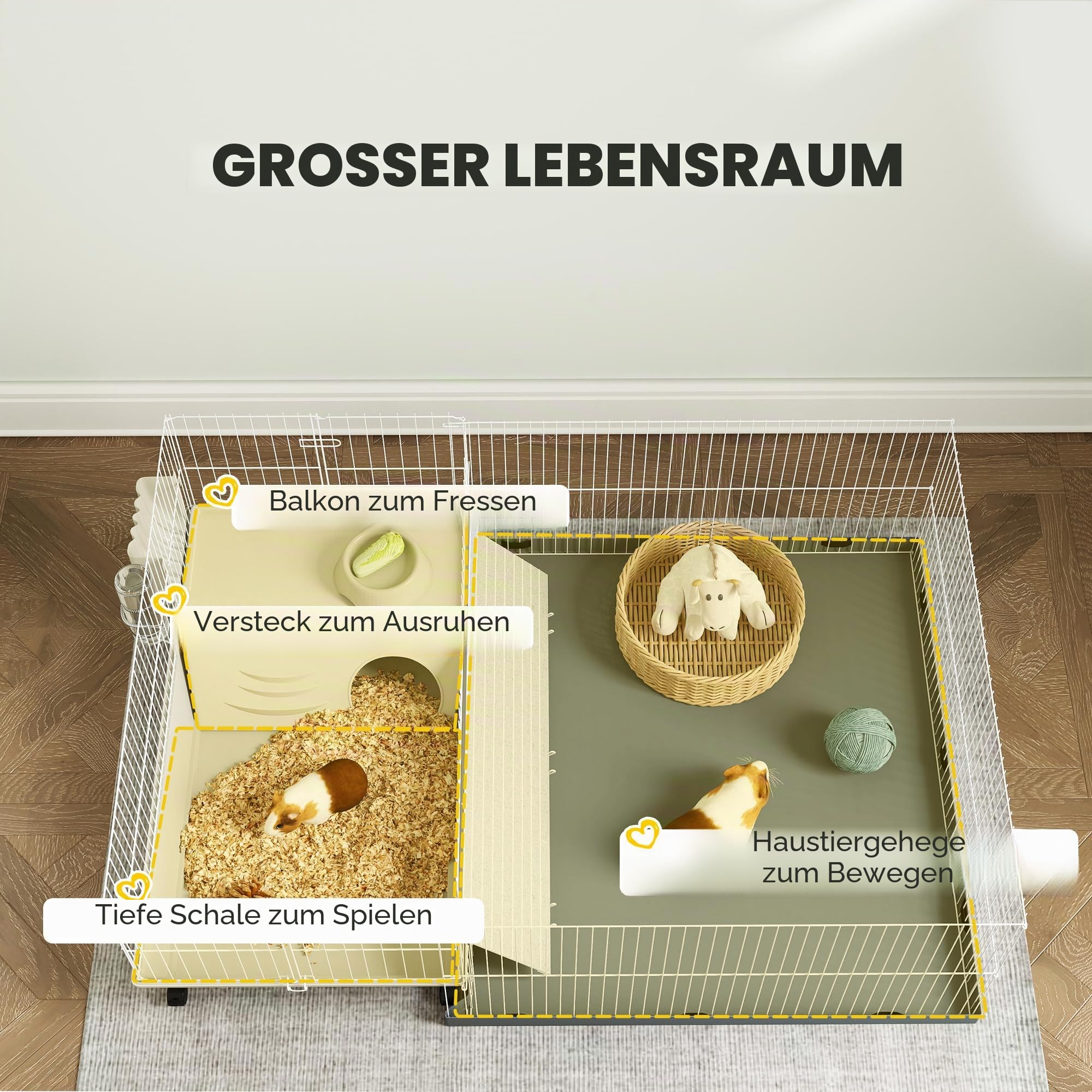 PawHut Meerschweinchenkäfig, Kleintierkäfig mit herausnehmbarem Laufstall wasserfeste Matte, Balkon, Futternapf, Rampe mit weicher Abdeckung, 4 Räder, für Meerschweinchen, Igel beige