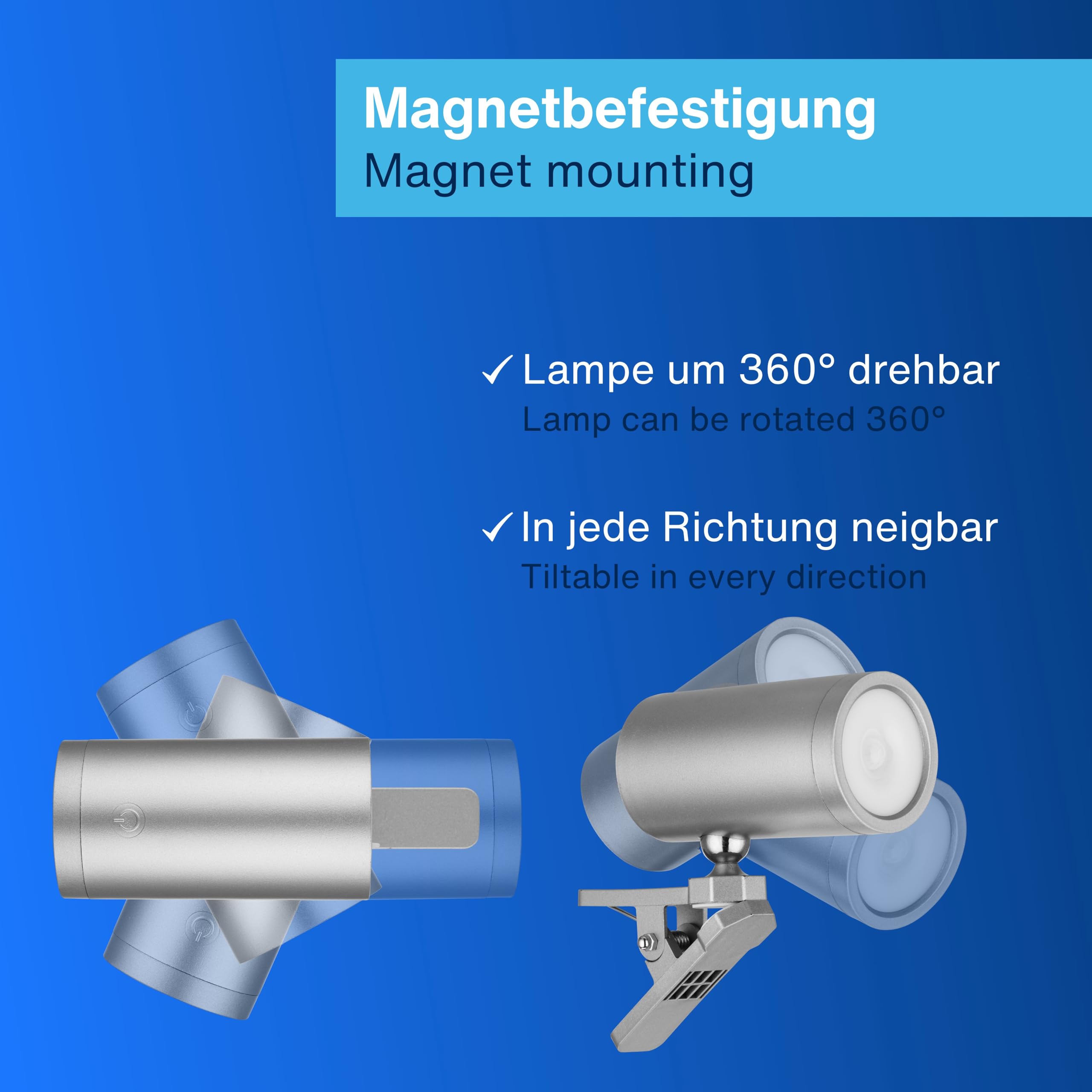 REV Lampa ścienna LED z akumulatorem i czujnikiem ruchu, 180 lm, bezprzewodowa, ściemniana, obracana o 360°, idealna na kemping, do garażu, piwnicy, IP54, srebrna