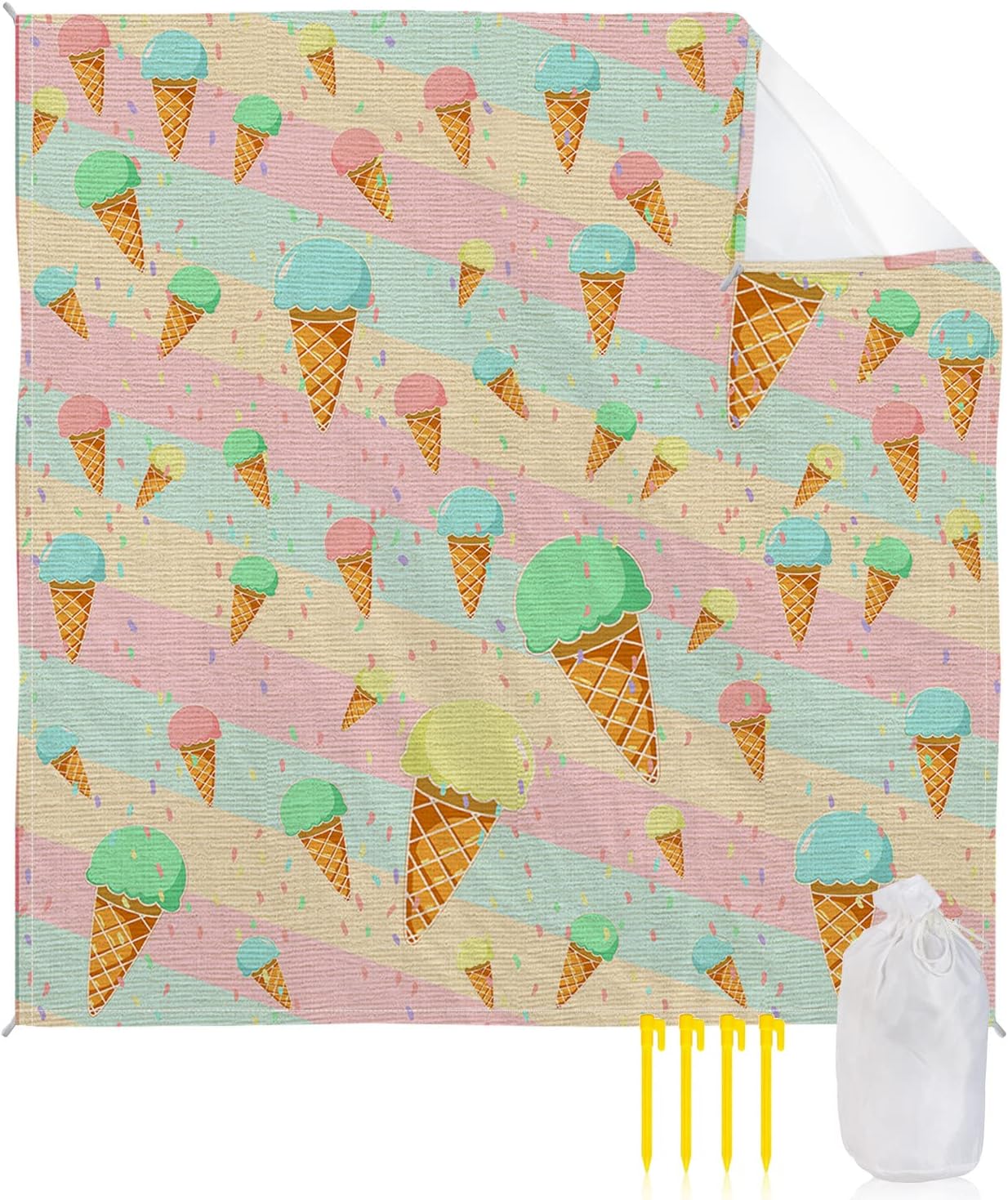 Colorful Ice Cream on Stripes Beach Blanket Waterproof Sandproof Outdoor Picnic Mat 118"x108" Vintage Linen Texture Lightweight Large Beaach Blankets with 4 Stake & 4 Corner Pockets