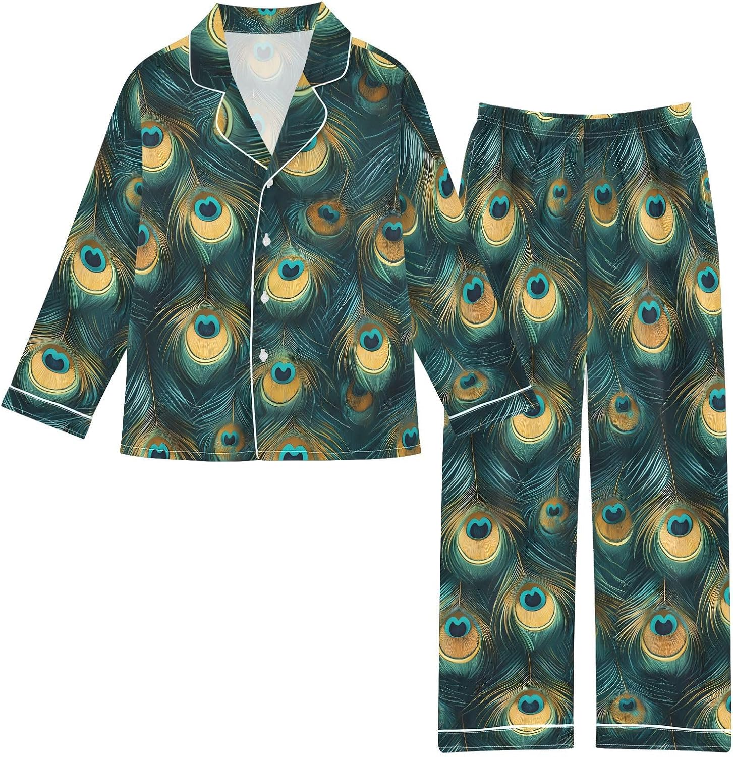 2 Piece Button Down Top and Pants Set Silk Satin Sleepwear Casual Animals Pajamas Lounge Wear