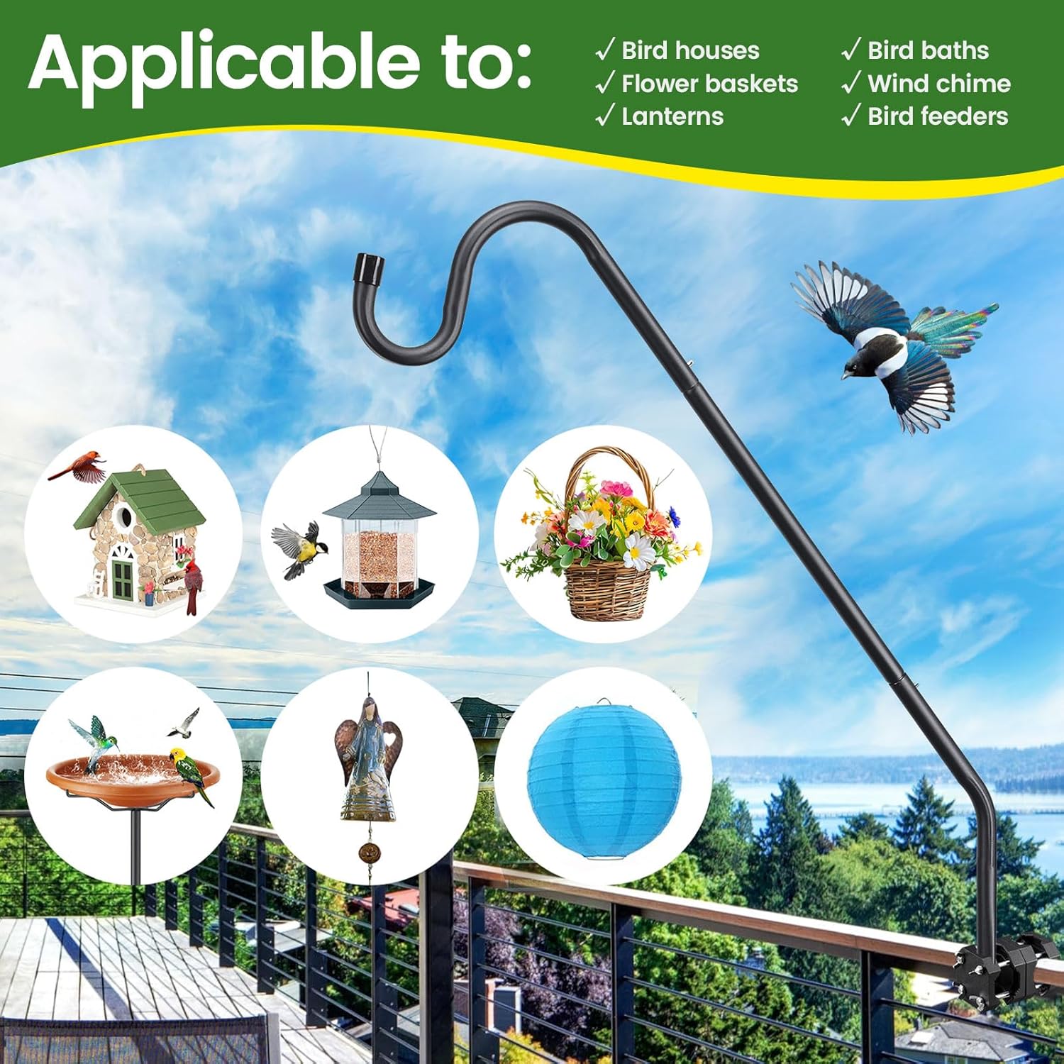 Deck Bird Feeder Hanger for Railing, Heavy Duty Hummingbird Feeder Hanger 28-inch Deck Hook Fence Balcony Railing Bracket for Planter,Flower Baskets,Lanterns,Wind Chimes