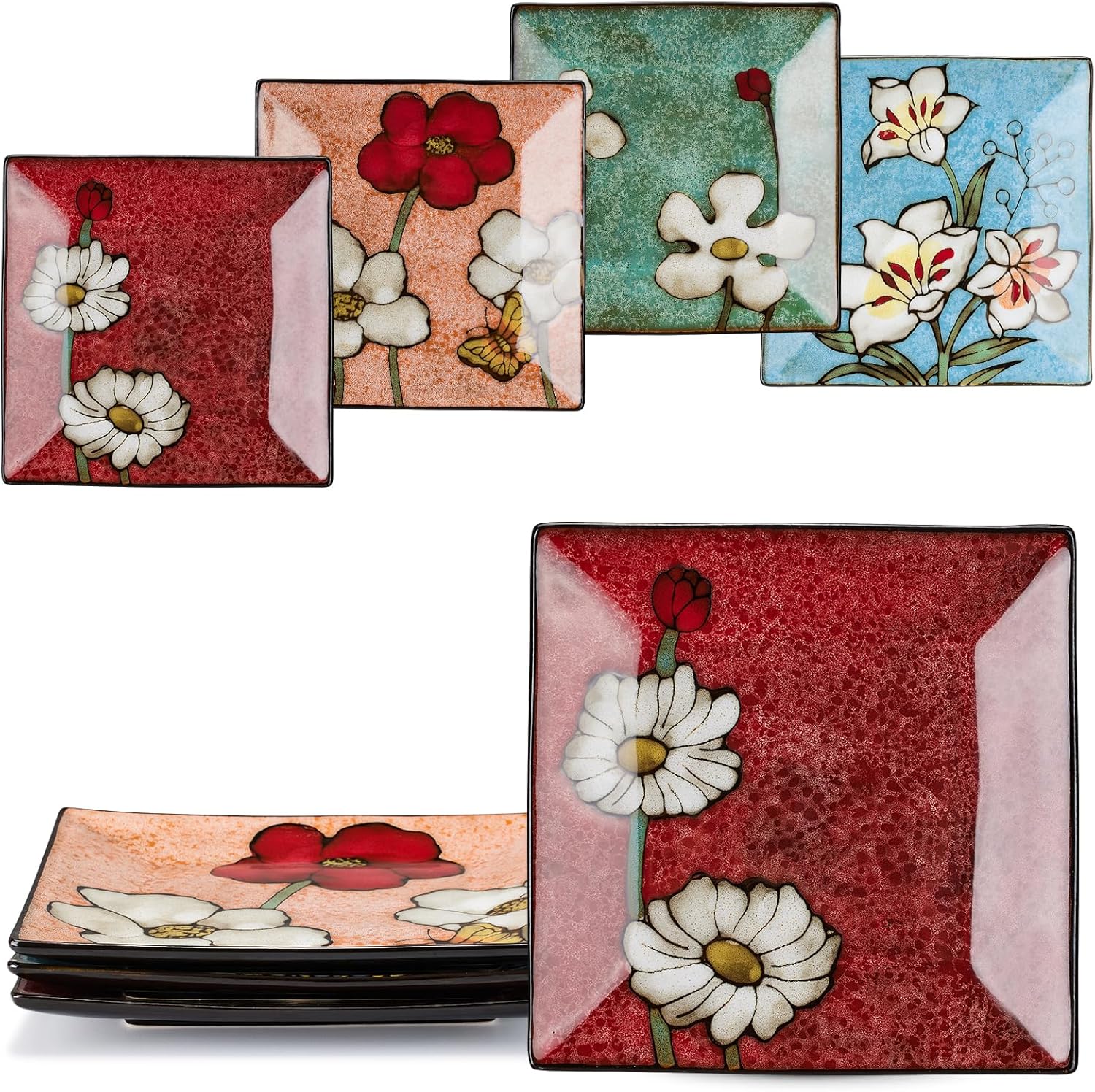 Porcelain Square Dessert Salad Pasta Plates 11 inches ceramic plates set of 4 Stackable Dinner Plates for Steak, Pasta, Salad, Snacks, Dessert，Microwave and Dishwasher Safe (Multicolor A, 11 Inch)