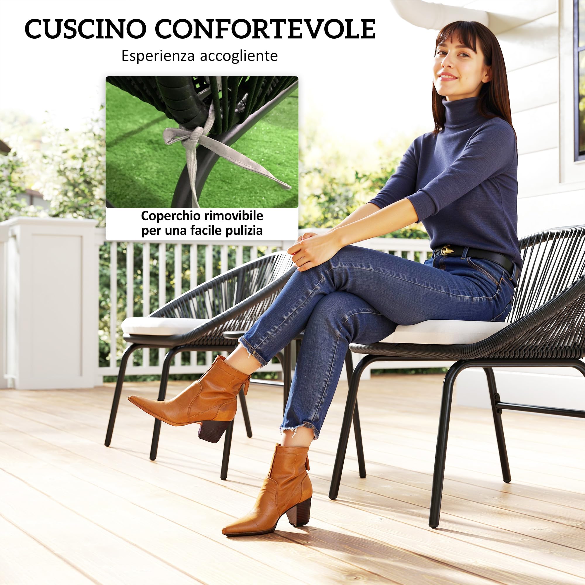 Outsunny Set da Giardino 3 Pezzi Tavolo e Sedie da Balcone Nero | Salotto da Giardino, 2 Sedie con Cuscino, Tavolino Acciaio Rattan PE, Terrazza