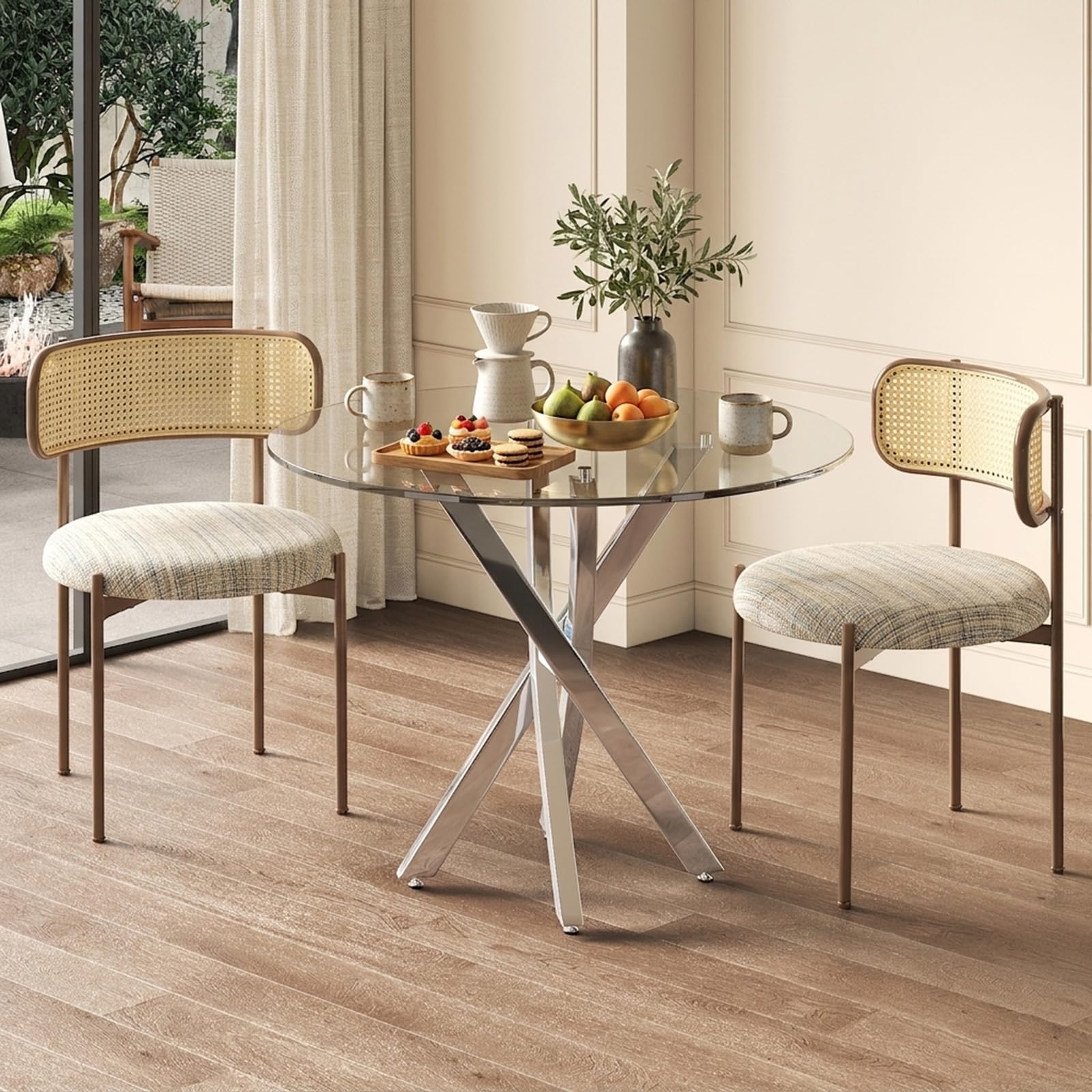 Aislinglen Kleiner Runder Esstisch Glas, Glastisch Rund 80 cm Wohnzimmer, Esszimmertisch für 2-4 Personen, Speisetisch für Küche, Esszimmer, Wohnzimmer und Büro (Silber, Rund-Kreuzförmig) Küche, Haushalt & Wohnen