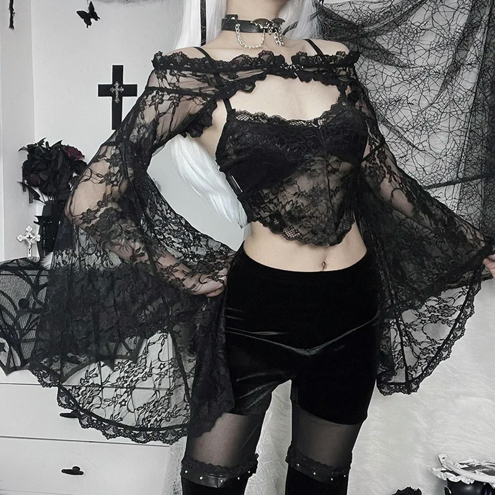 Gothic Langarm Kittel T-Shirt Schwarze Spitze Eine Schulter Ästhetischer Overall Y2K Crop Top -schwarz-S