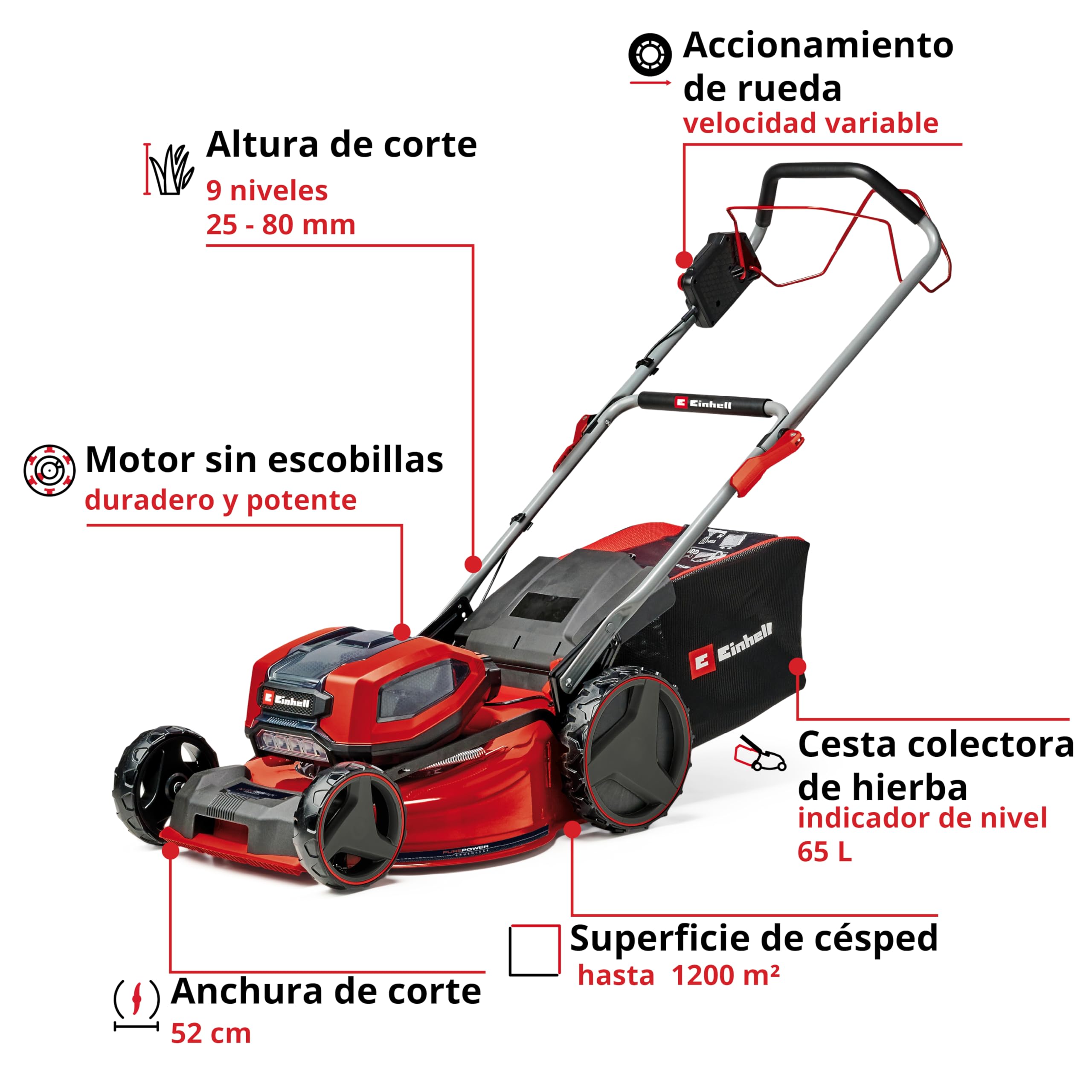 Einhell Kit cortacésped con batería GP-CM 36/52 S Li BL Power X-Change (36V, 52cm de Ancho de Corte, hasta 1200m2, sin escobillas, Cesta 65L, accionamiento de Ruedas, Incl. 4X5,2Ah + 2 Twincharger)
