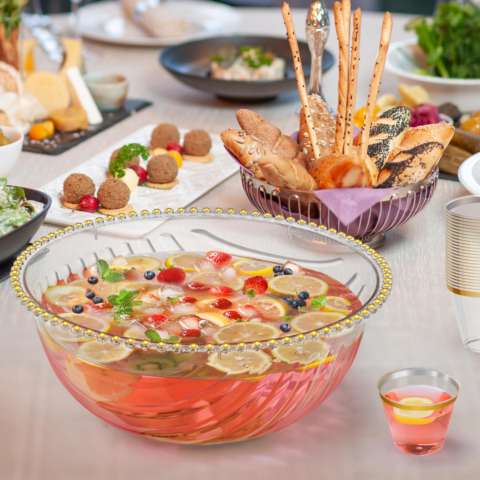 NiHome Ciotola in plastica con mestolo e pinza per feste, matrimoni, grigliate, 5,3 litri, con bordo dorato, trasparente, set completo per cocktail (1 confezione contiene 25 tazze)