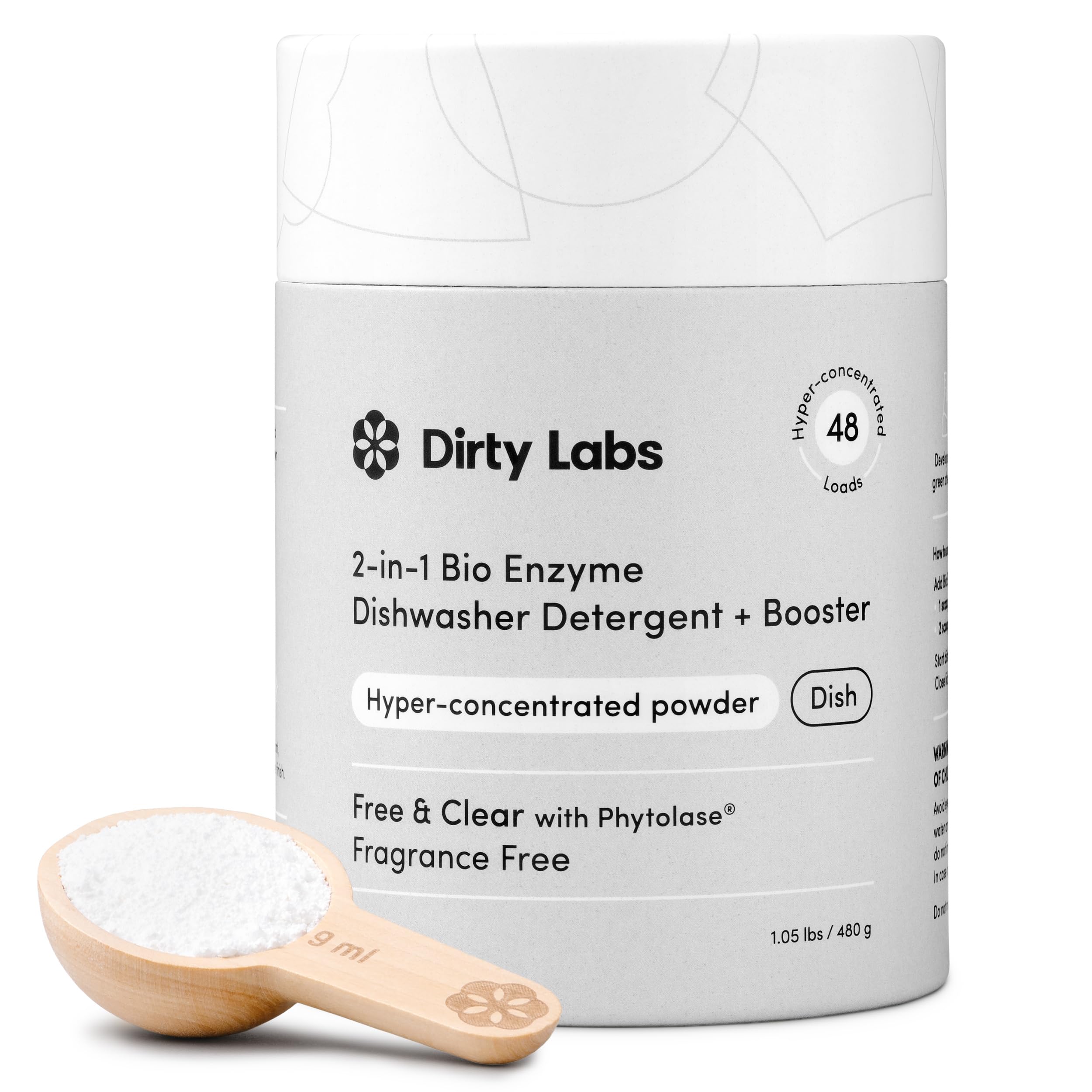 Dirty Labs Detergente y potenciador para lavavajillas, sin olor, 48 cargas (1 libra), ultra limpio, sin manchas, lavado rápido optimizado, hiperconcentrado