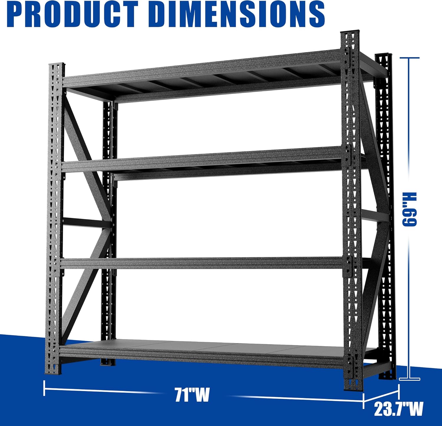 Heavy Duty Garage Shelving, 5000 lbs Capacity, 4-Shelf Adjustable Metal Storage Unit, Black, 63" H x 67" W x 23.7" D, Industrial Shelving for Warehouse (69" H x 71" W x 23.7" D)