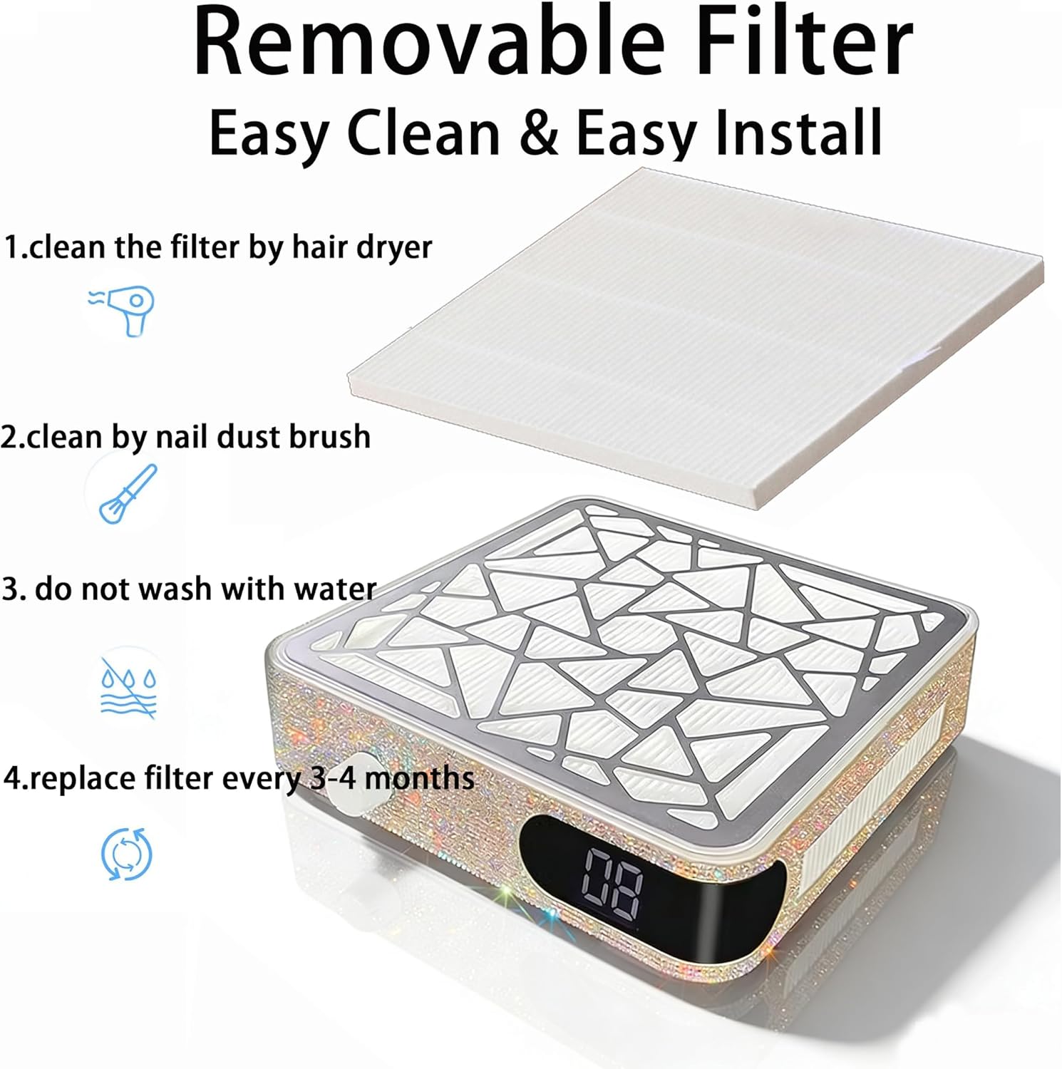 Nail Dust Collector, Professional 3500 RPM Nail Dust Collector Vacuum with LED Display, Low Noise Manicure Extractor Dust Suction Machine for Acrylic Nails Polishing, Salon Home Use(White)