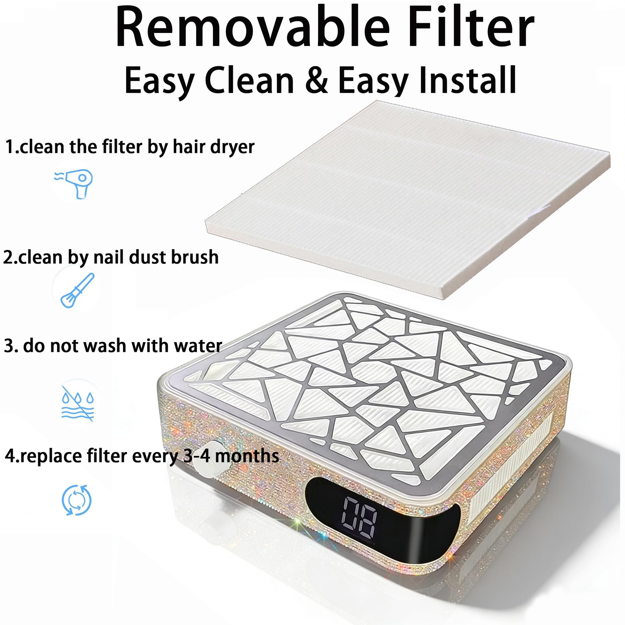 Colector de polvo de uñas, potente extractor de ventilación de vacío, máquina de succión de polvo para pulir uñas acrílicas (blanco, tamaño estándar)