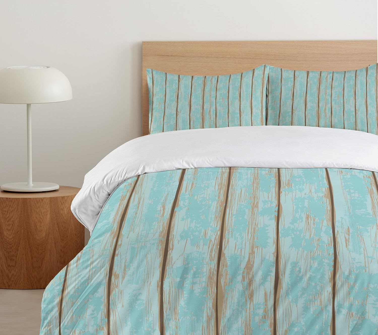 Lunarable Wood Print Duvet Cover Set, Old Fashioned Weathered Rustic Planks Summer Cottage Beach Coastal Theme, Decorative 3 Piece Bedding Set with 2 Pillow Shams, King Size, Blue Tan