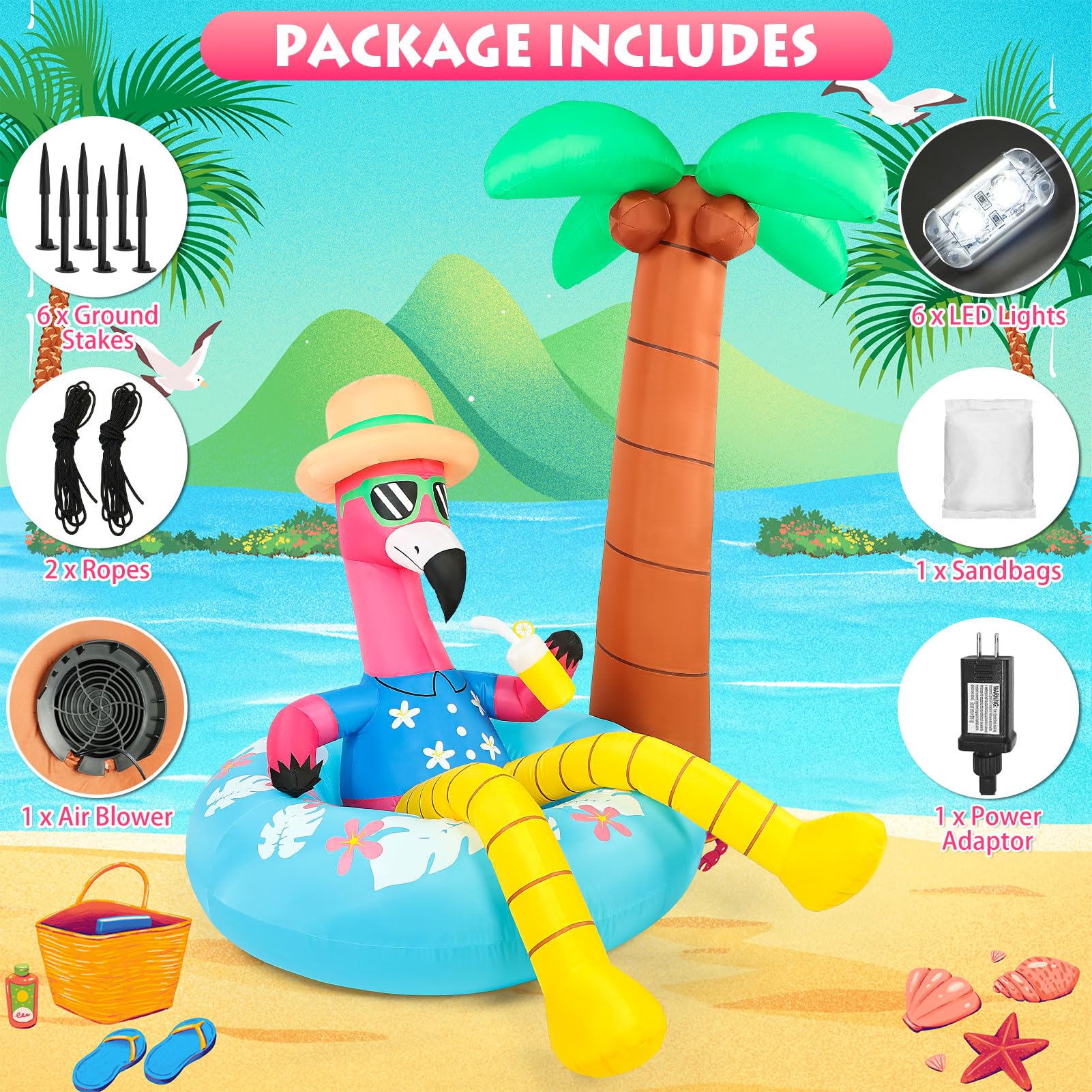 Flamant rose gonflable avec palmier de 1,8 m - Décoration d'été gonflable avec lumières LED pour fête tropicale Luau, plage, piscine, cour, jardin, pelouse