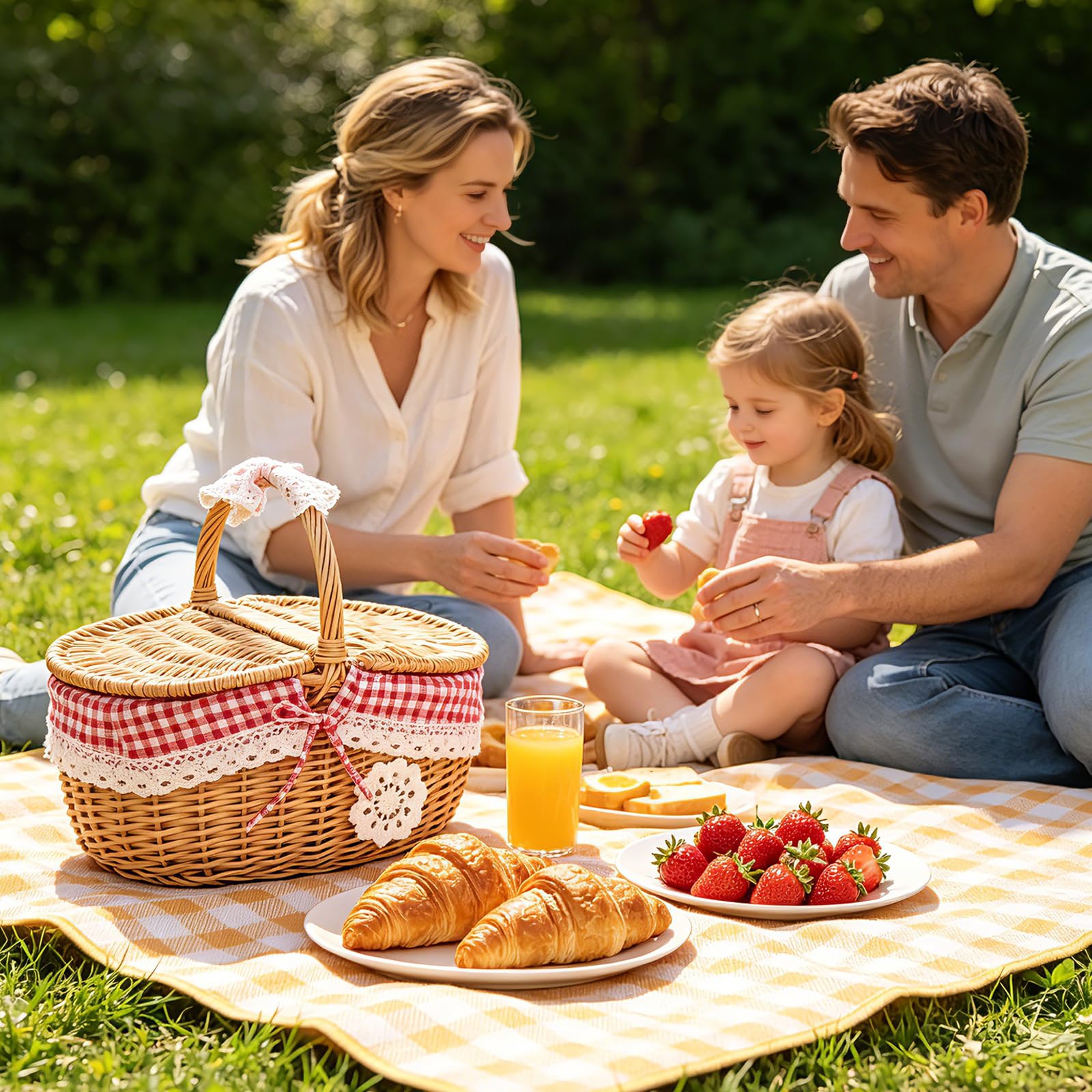 Weide Picknickkorb, Tragbarer Picknickkorb für den Außenbereich mit Deckel und Griff, Geflochtener Weidenkorb Praktischer Ovaler Rattan Aufbewahrungskorb für Picknick und Einkauf