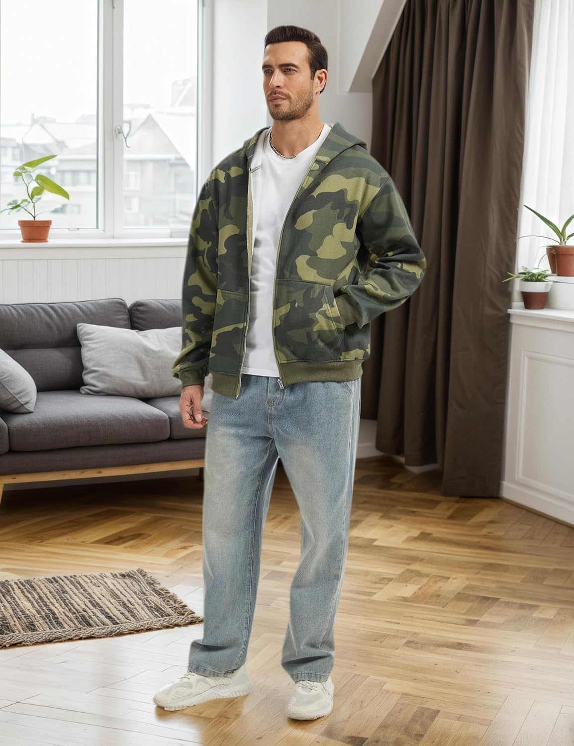 Camo Zip up Hoodie Men Full-Zip Fleece Hoodies Oversized Hooded Sweatshirts Maple Leaf Print Long Sleeve Sweatshirt - Image 5