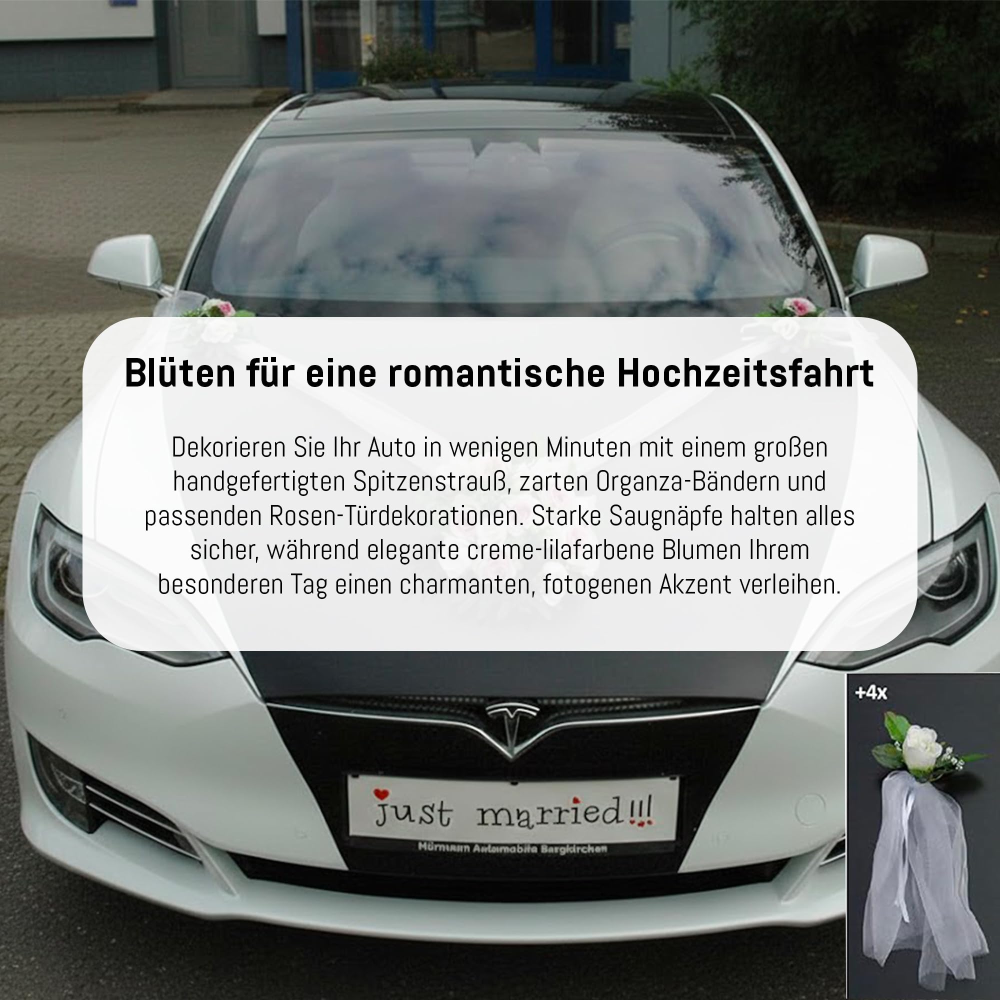 Autoschmuck – Décorations de voiture de mariage – Réalisées à partir de roses et de dentelle