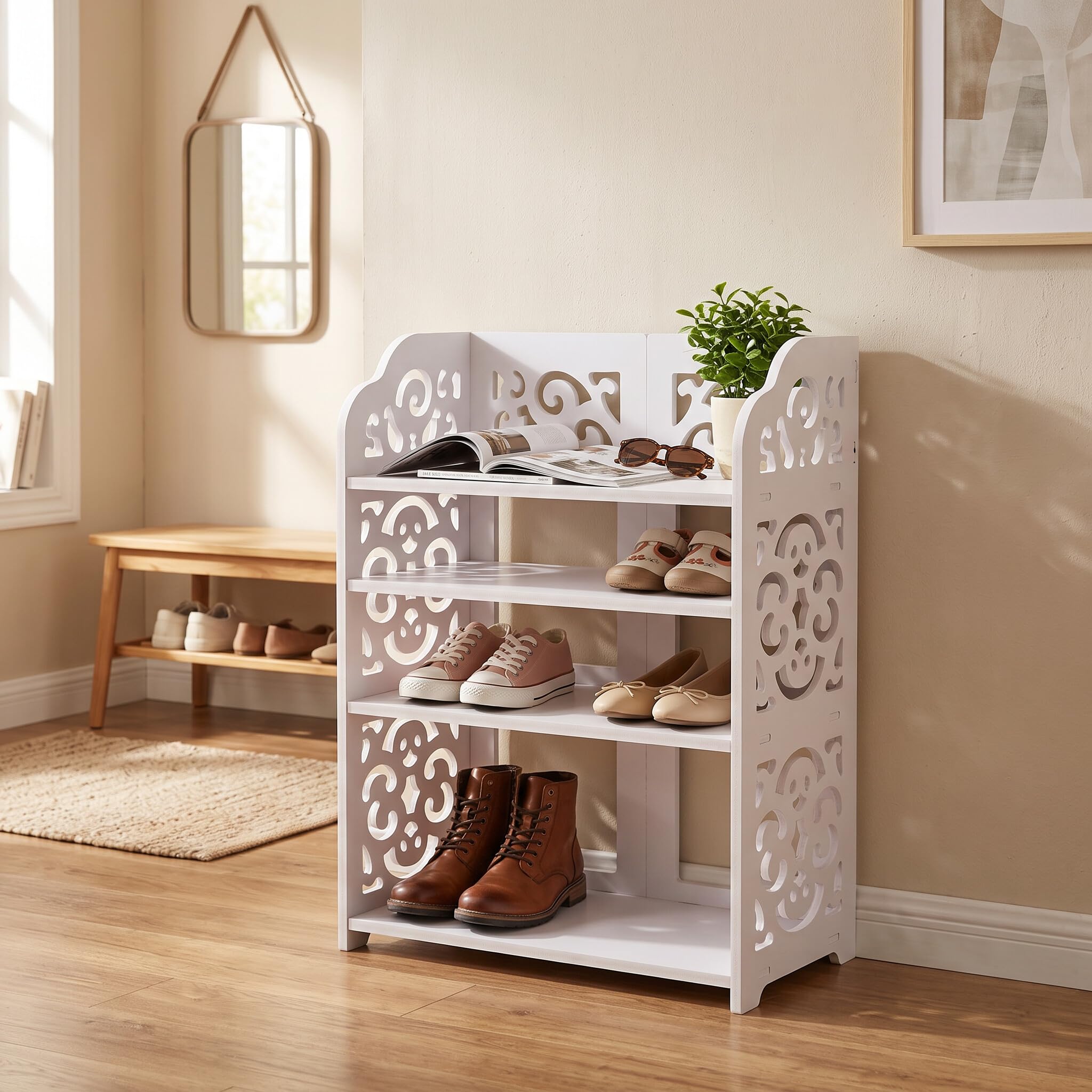 Wakects Scarpiera da Ingresso, Scaffale Portascarpe in PVC Bianco, 3 Ripiani, Motivo Traforato, per Scarpe Libri CD