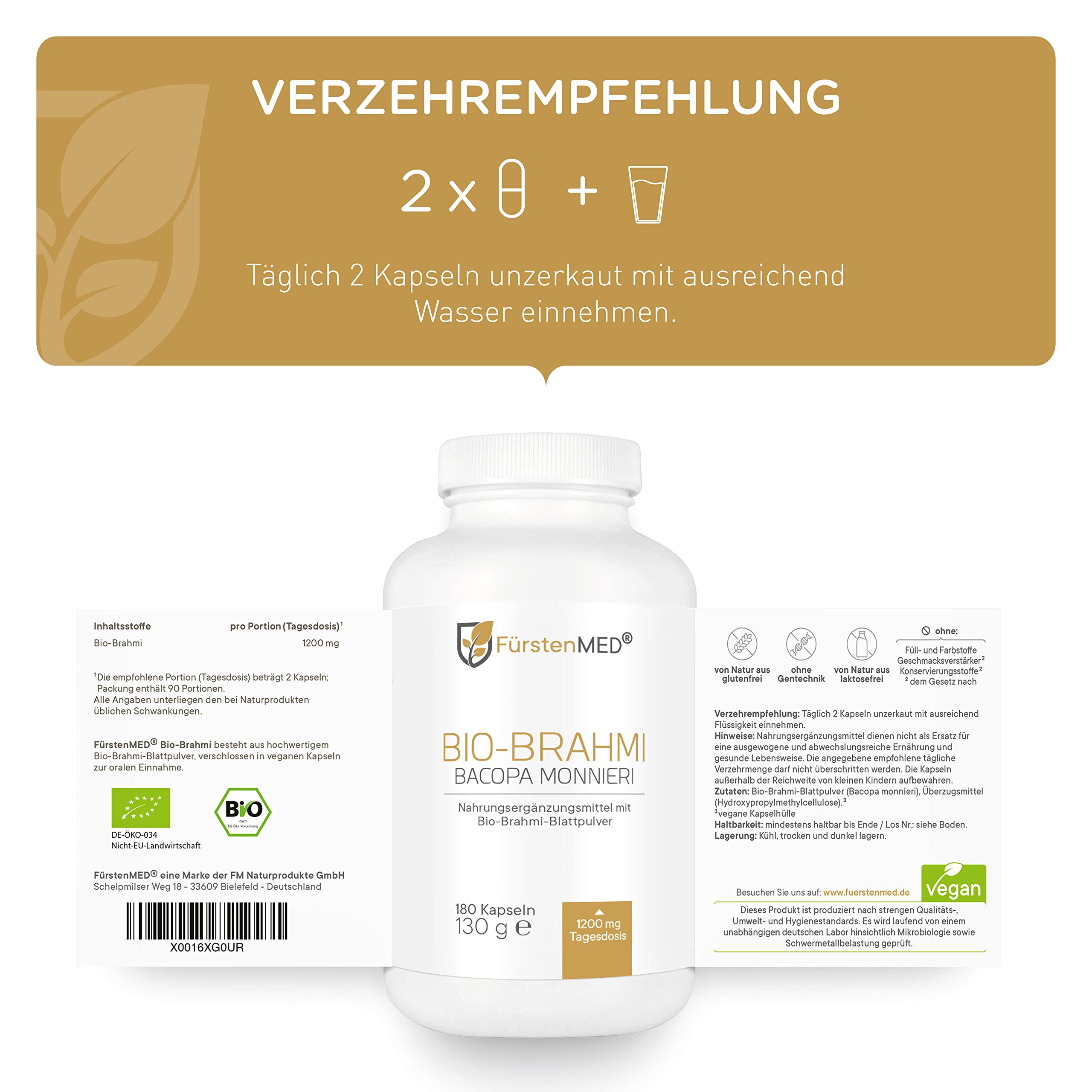 FürstenMED® Brahmi Kapseln Hochdosiert mit 1200 mg je Tagesdosis - 180 Kapseln Bacopa Monnieri Laborgeprüft, Vegan & Ohne Zusatzstoffe