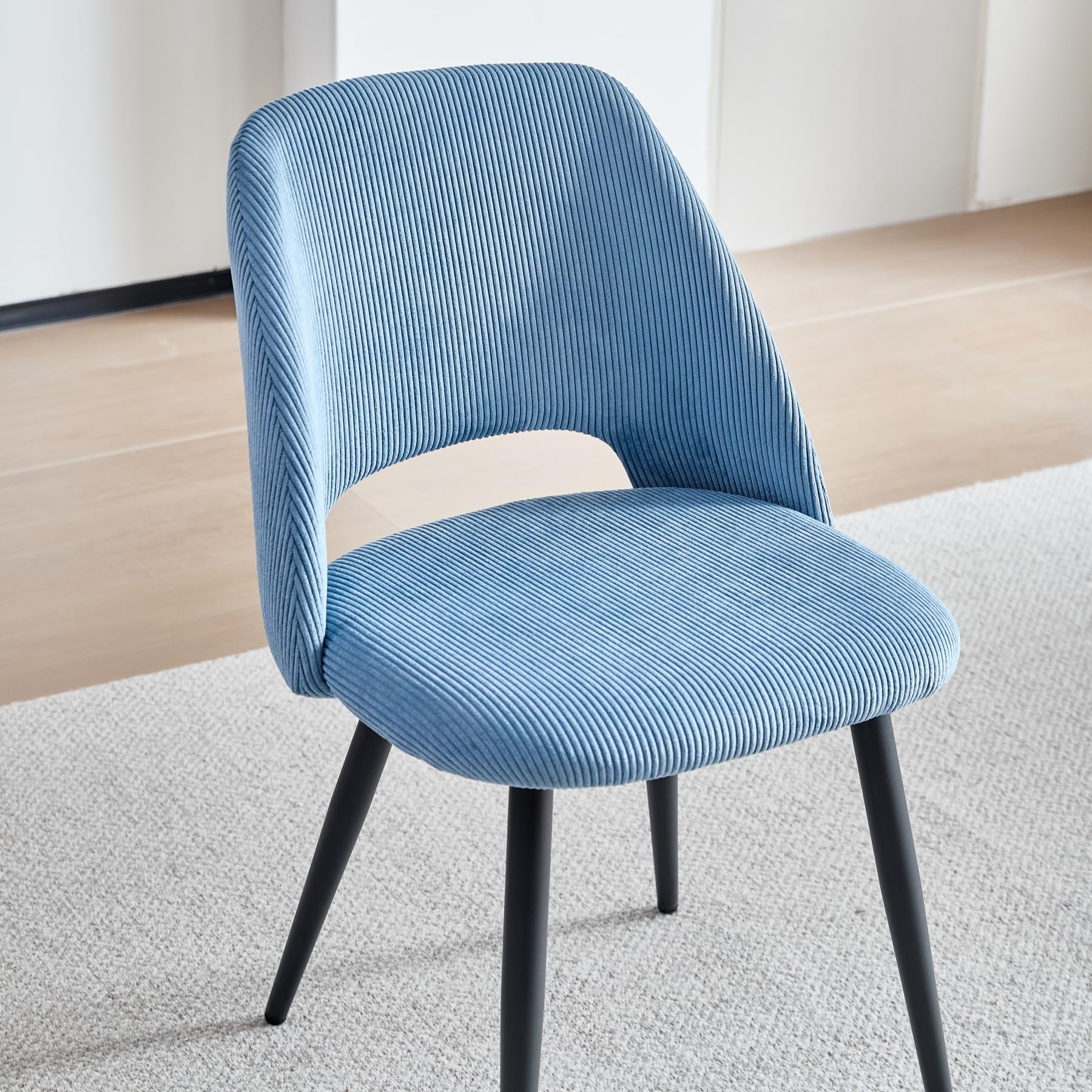 Pack de 4 Silla de Comedor, Silla de Cocina de Pana a Rayas, Silla Tapizada con Diseño de Respaldo Hueco, Adecuada para Comedor, Sala de Estar, Cocina, Dormitorio - Azul