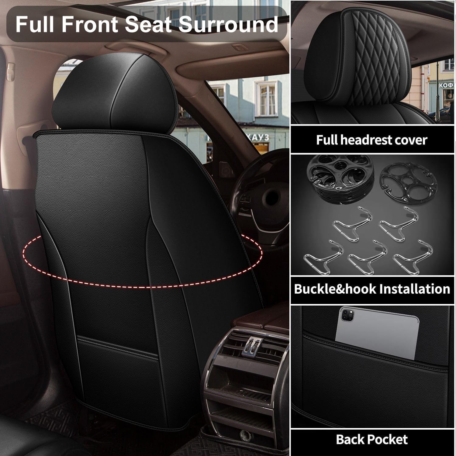 Car Seat Covers for 2 Front Seat Fit for Kia Seltos 2021-2025 2026: Auto Interior Accessories, Waterproof Faux Leather Vehical Car Seat Cushions Cover（Black,2 PCS Front Only