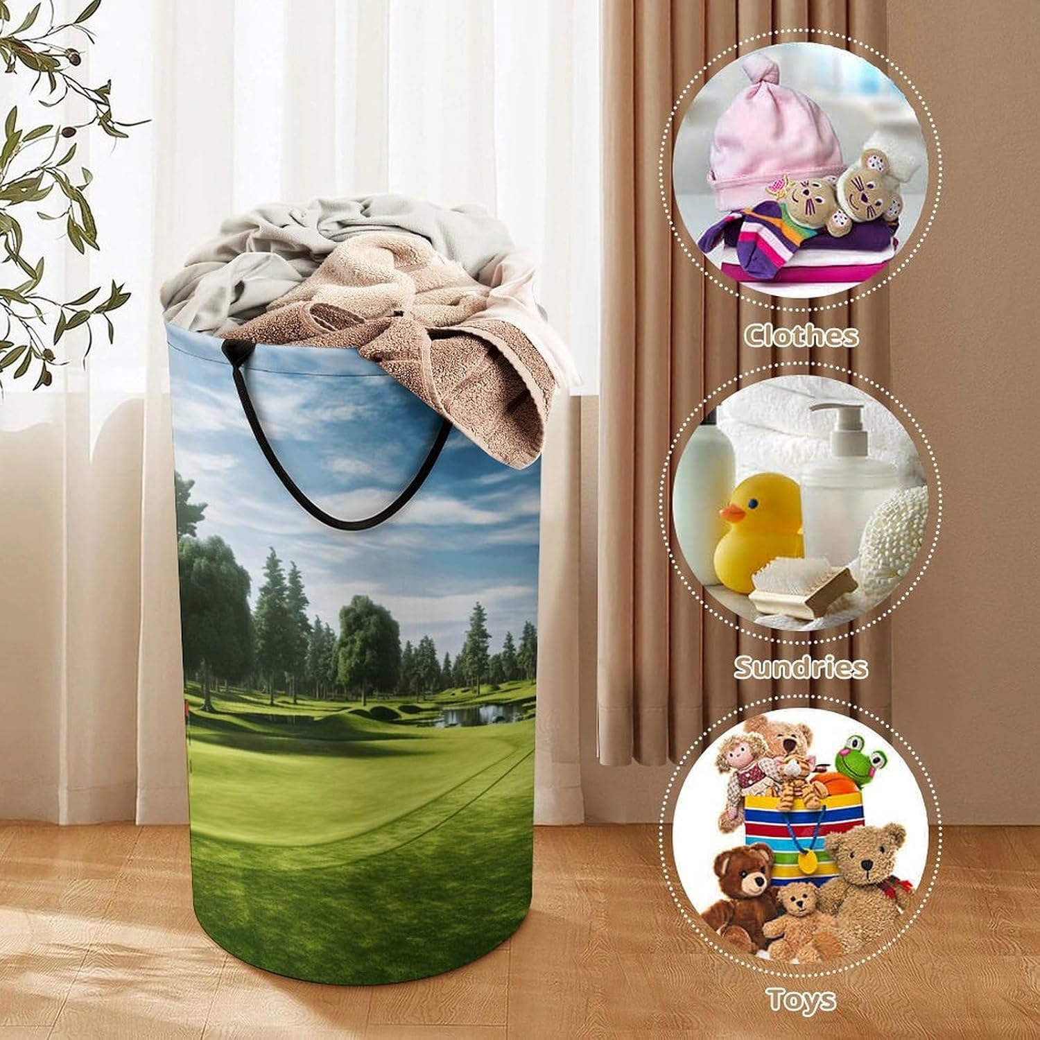Golf Course Lawn Laundry Hamper with Handles Waterproof Collapsible Laundry Basket Large Lightweight Round Dirty Clothes Hamper for Home Dorm Bathroom Decor