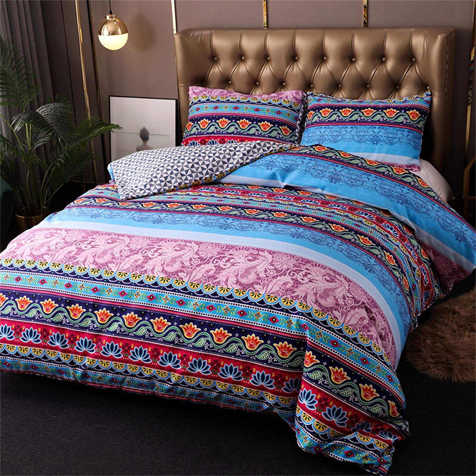 3PCS Bohemia Ethnic Style Quilt Cover,Comforter Microfiber Queen Duvet Cover Ultra Soft Bedding Sets With 2 Pillowcases,Zipper Closure And Corner Ties-A Queen