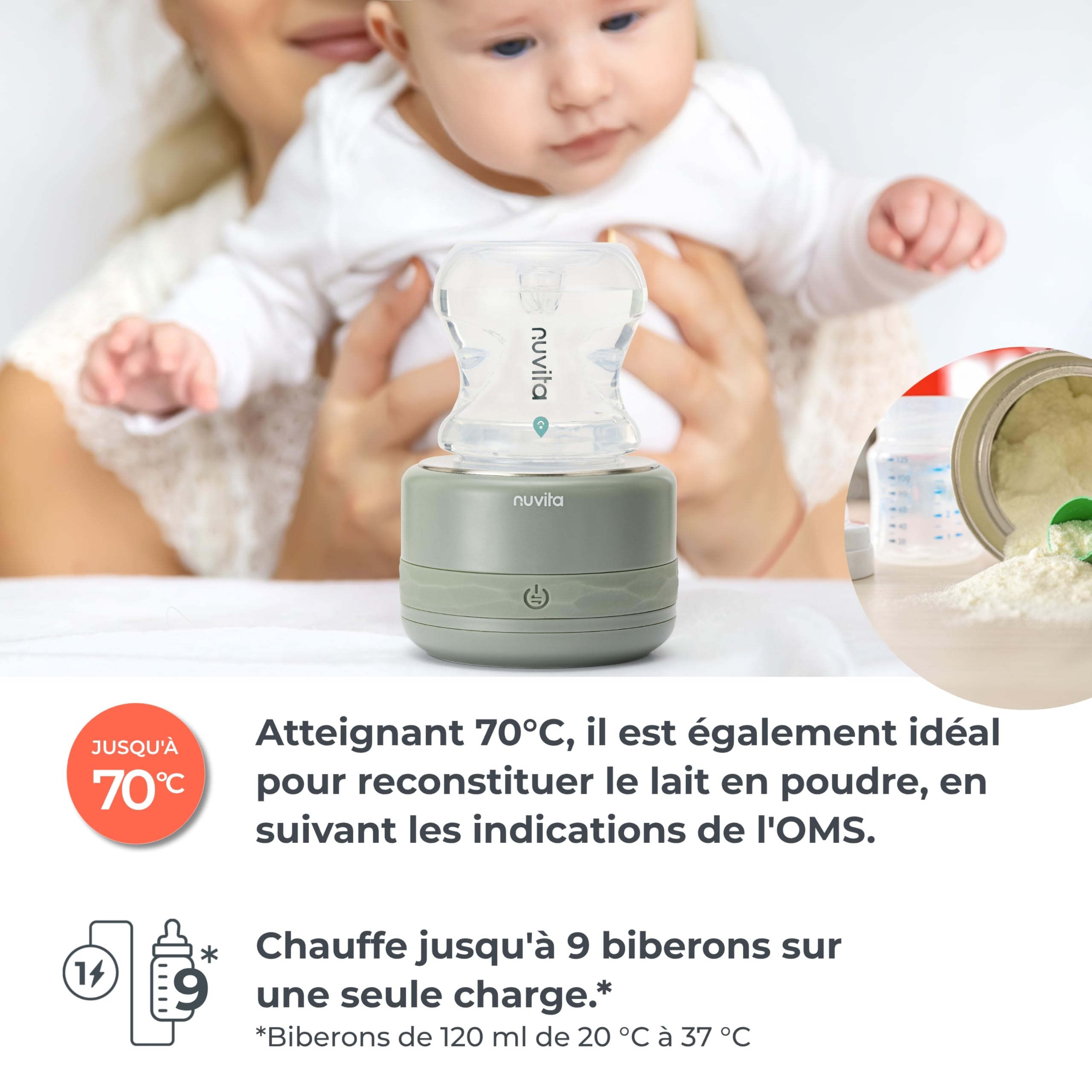 Nuvita 1166 Warm70 Chauffe-biberon Portable Sans Fil 70°C – Rechargeable USB, Compatible Universel avec 6 Adaptateurs, 5 Niveaux de Température Jusqu’à 70°C, Chauffe Rapide en 2,5 Min