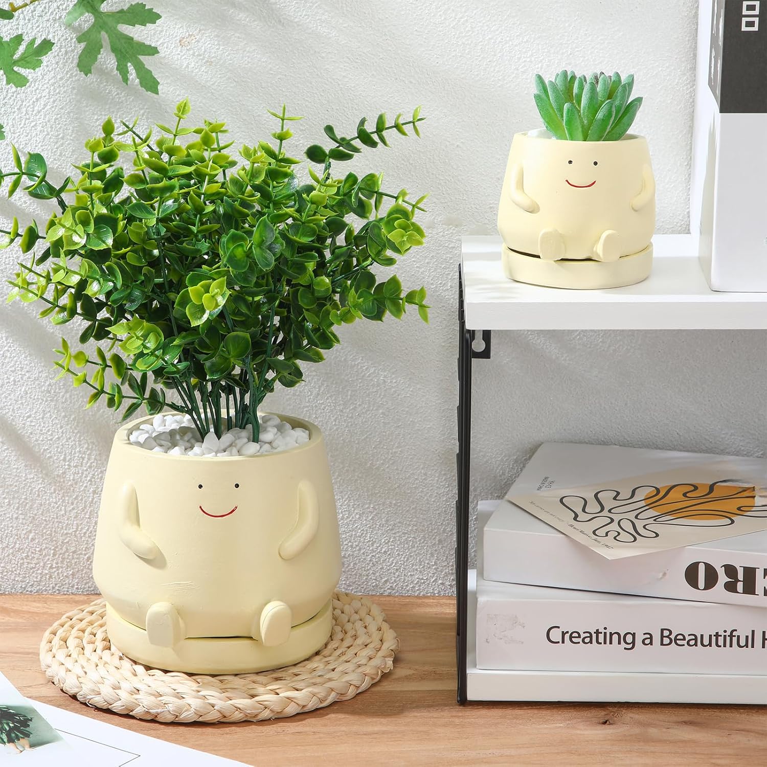 SiliFine 2 Pcs Smile Face Planters Pots with Drainage Hole, 6'' Head Planters 3.6'' Cute Resin Flower Pot for Indoor Plants, Succulent Pots for Plant Lover Gift(Face)