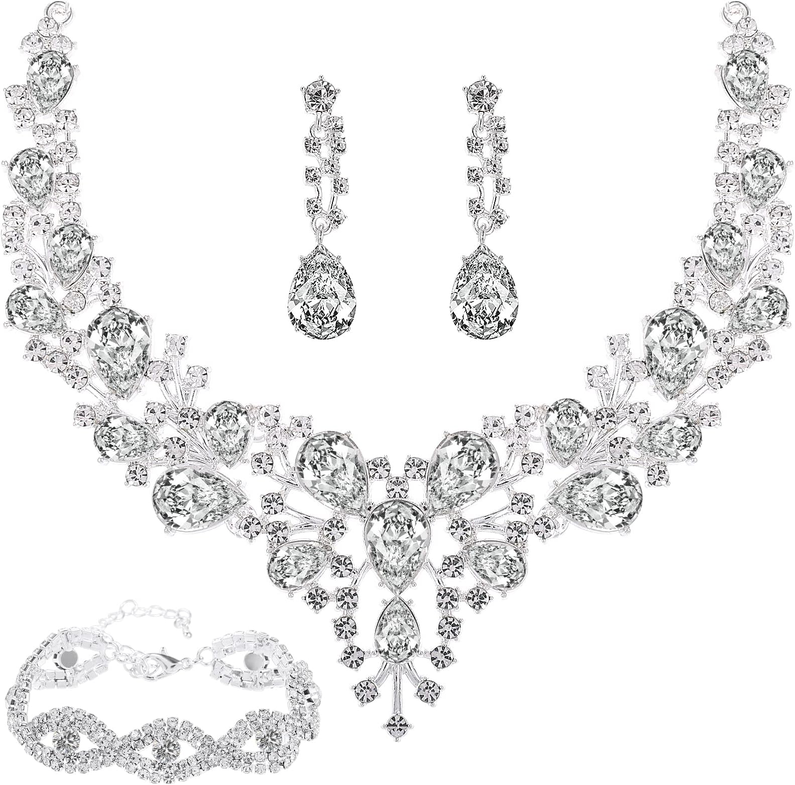 Bride Jewelry Set Rhinestone Wedding Jewelry Set Silver Crystal Wedding Necklace Bracelet Earrings Jewelry Set Bridesmaids Prom Jewelry Set for Women