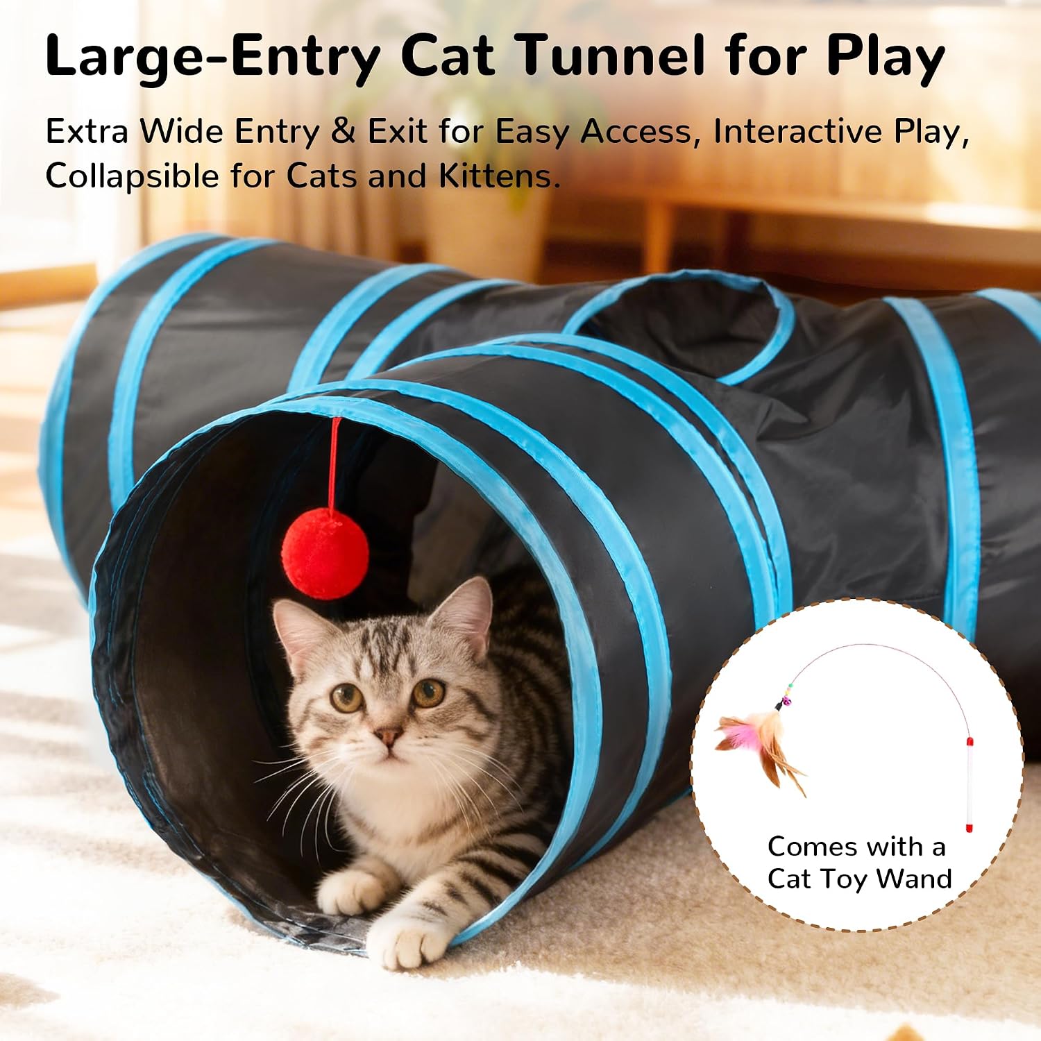 Tempcore Cat Tunnel, 3-Way Collapsible Toy, Large Size Black & Blue | Large Size 3-Way Cat Tunnel Provides More Room for Cats to Run, Hide and Chase, with Peek Holes, Hanging Ball and Teaser Wand