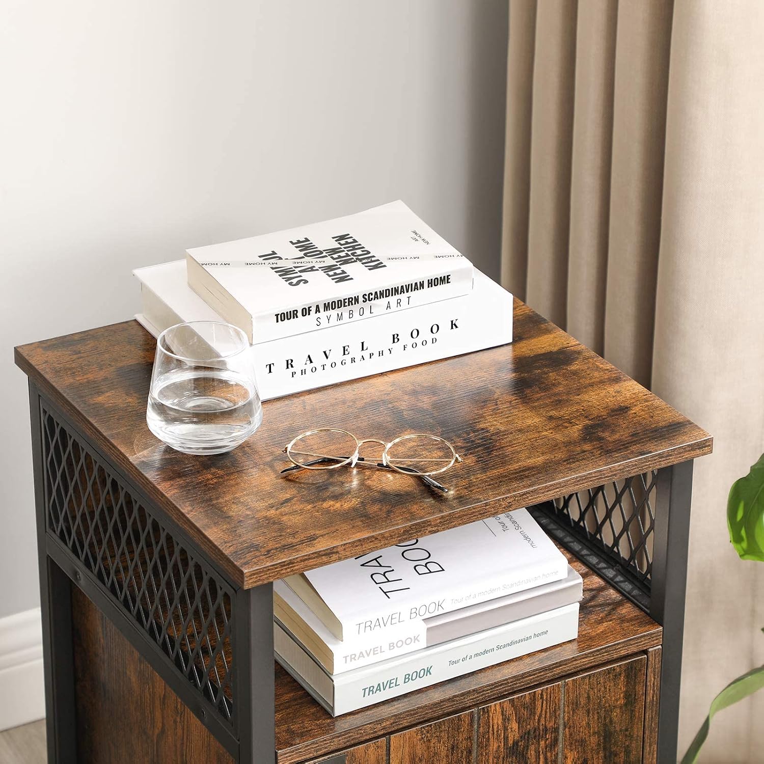 VASAGLE Nightstand,End Table with Open Shelf and Storage Cabinet,Large Capacity, Easy to Assemble, Rustic Brown and Black ULET068B01