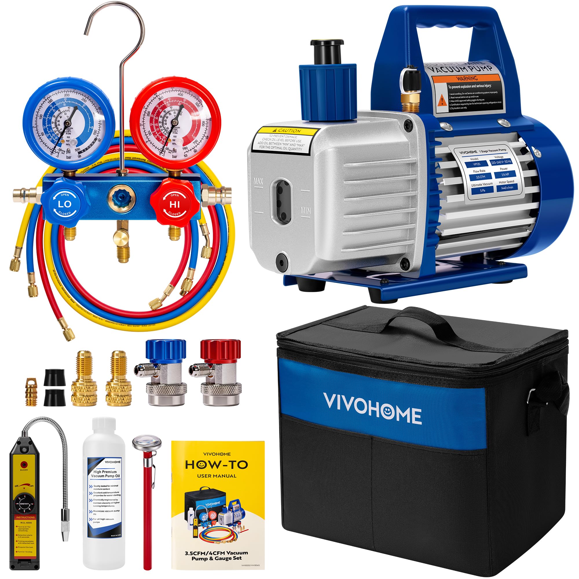 VIVOHOME Kit de Bomba de Vacío 3,5CFM Monofásica con Manómetros para HVAC Automotriz