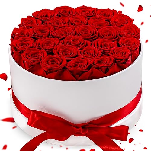 27 Forever Roses in Luxury White Box, Eternal Real Roses Birthday Gifts for Women, Preserved Flowers for Delivery Prime, Anniversary, Valentine's Day, Mothers Day for Mom (Red) - Red - 27 Roses
