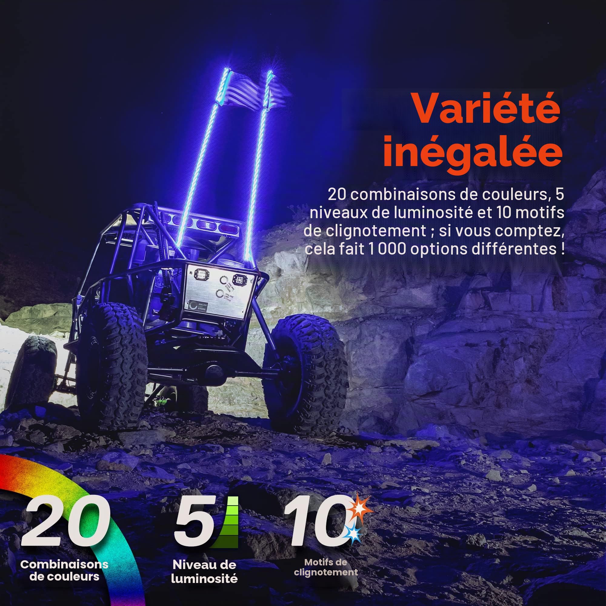 True Mods Lot de 2 fouets Lumineux à LED RVB pour VUTT ATV [télécommande sans Fil RF] Drapeau étanche avec éclairage LED pour RZR Can-Am Polaris SxS 4x4 Quad Dune Buggy 4 Roues Accessoires | Bâton d'antenne CB étanche et éclairé pour RZR Can-Am Polaris Sx