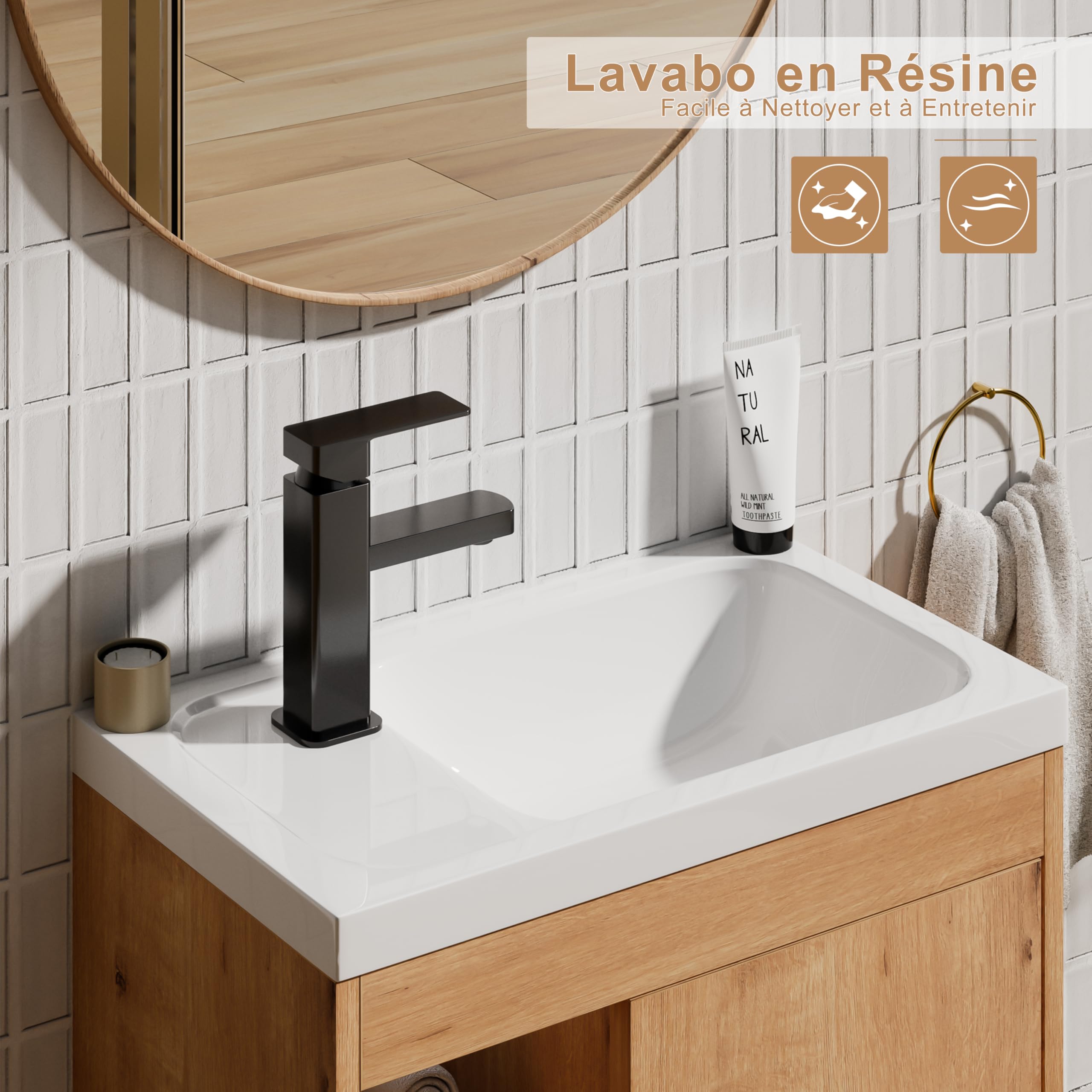 UEV Meuble Lave-Mains Mural, Meuble Lavabo Suspendu, Lavabo en Résine, Espace de Rangement Caché/Ouvert, Motif Bois Naturel, 51 x 30,5 x 54 cm, Naturel