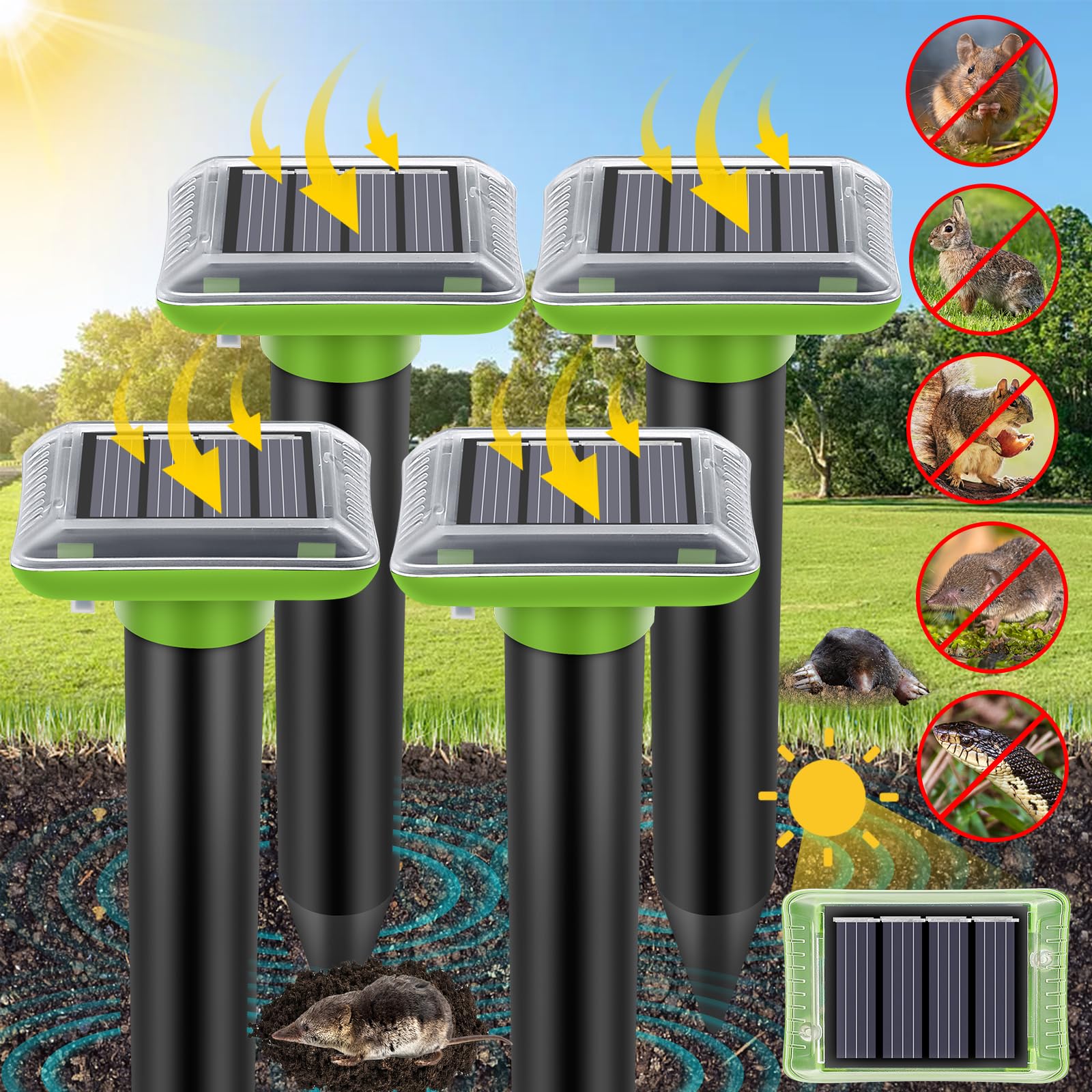 Ultrasonic Mole Repellent Outdoor, 2024 Upgrade Solar-Powered Gopher Mole Repellent for Lawn Yard and Garden, Waterproof Mole Killer Traps, Effectively Repels Mole Snake Vole Groundhog (4P-Green)