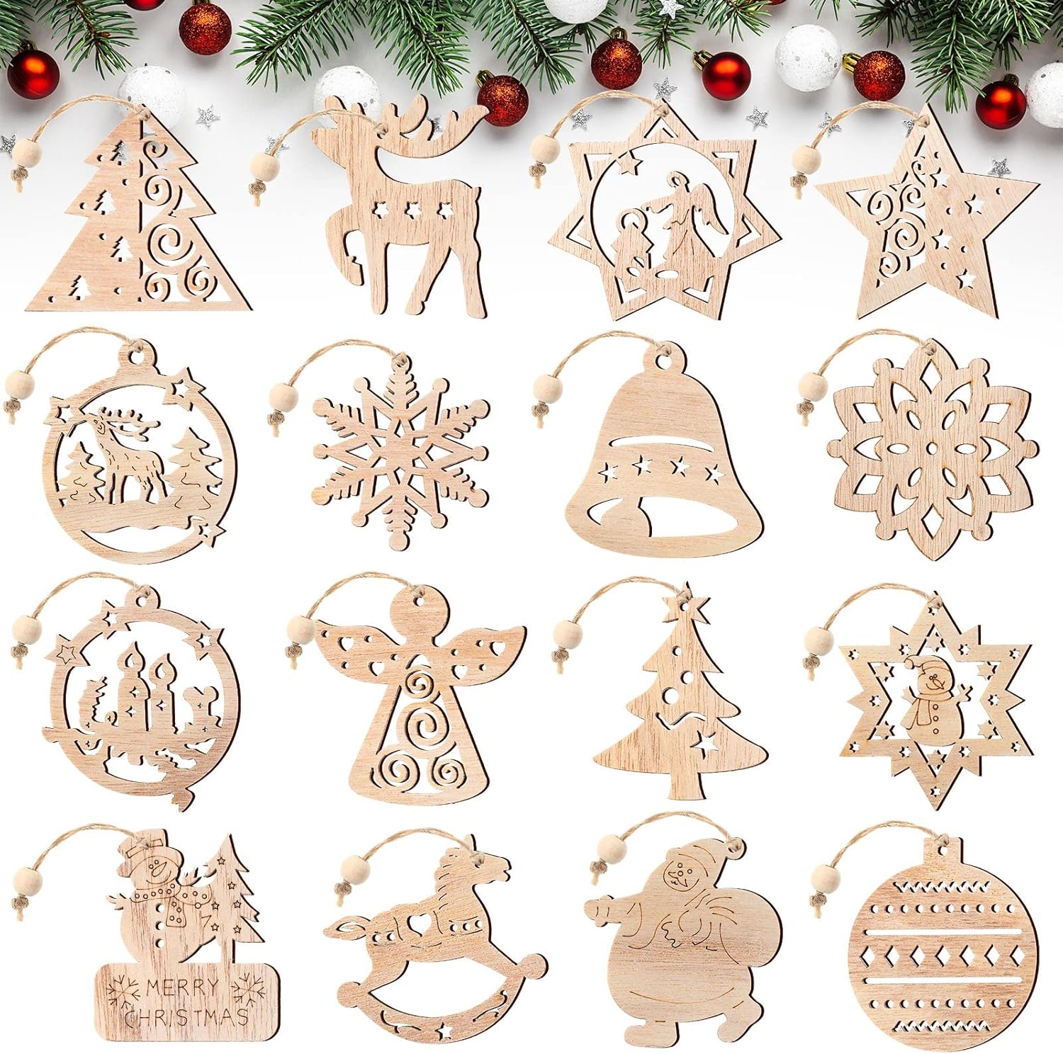 48 Pieces Christmas Wooden Ornaments Hanging Christmas Wooden Deer