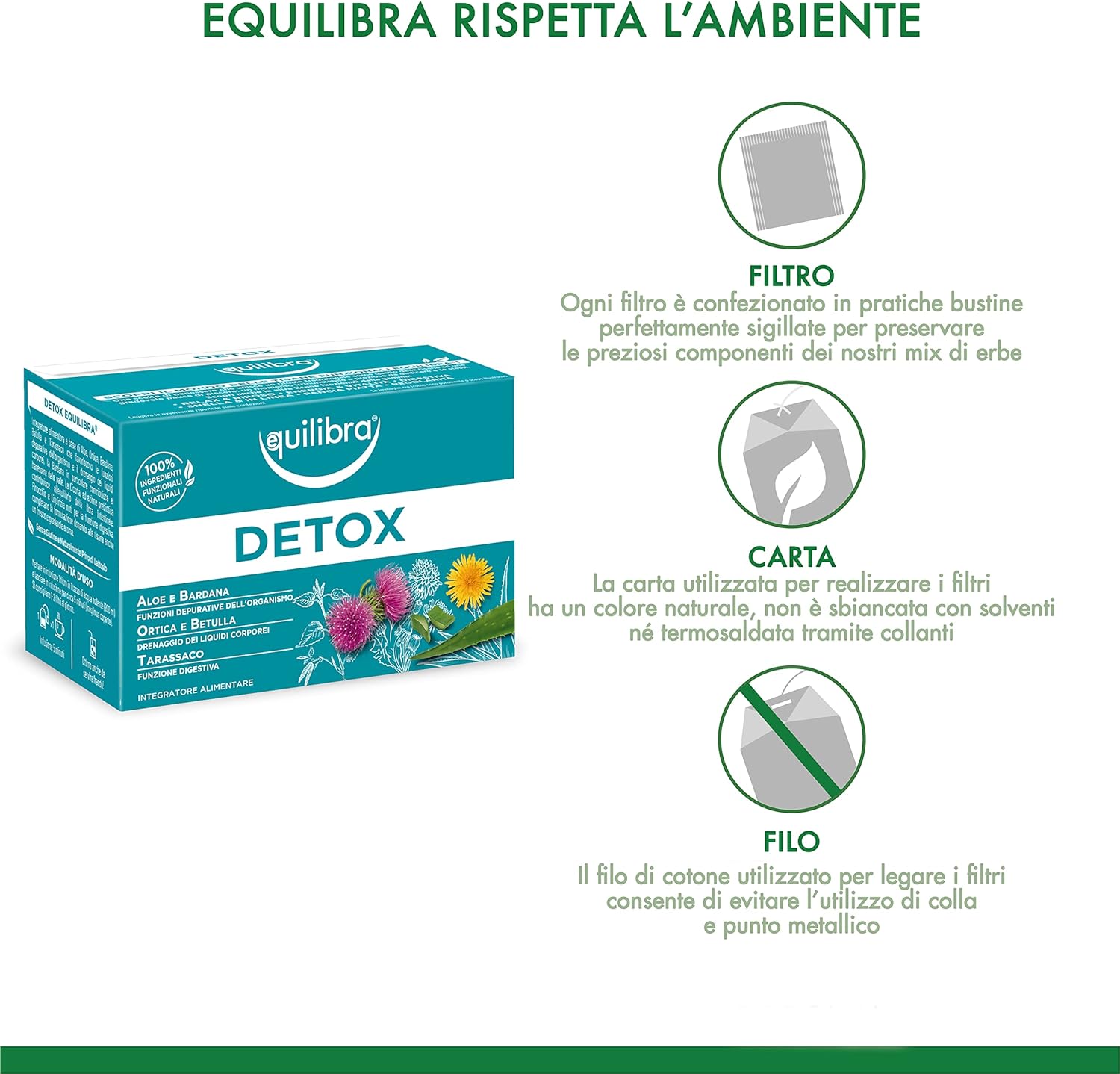 equilibra Integratori Alimentari Tisane, Tisana Detox, 100% Ingredienti Funzionali, Drenante, con Aloe Vera, Ortica, Bardana, Betulla e Tarassaco, Materiali 100% Riciclabili, 3 Pezzi da 15 Filtri Detox 15 unità (Confezione da 3) - Immagine 3
