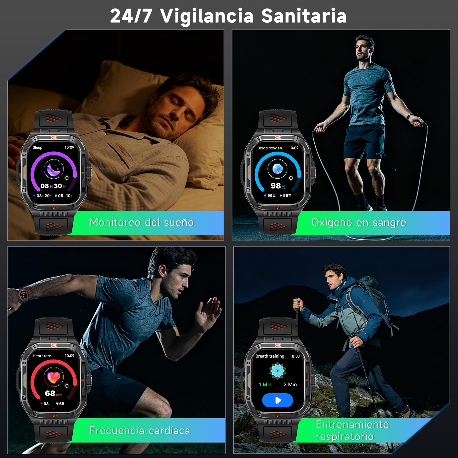 AI Reloj Inteligente Hombre, 1100mAh Batería/ Chat-GPT/Brújula/Linterna LED, 2,01" HD Pantalla Smartwatch con Frecuencia Cardíaca, Sueño Salud,Función telefónica Pulsómetro IP68, iOS/Android (Negro)