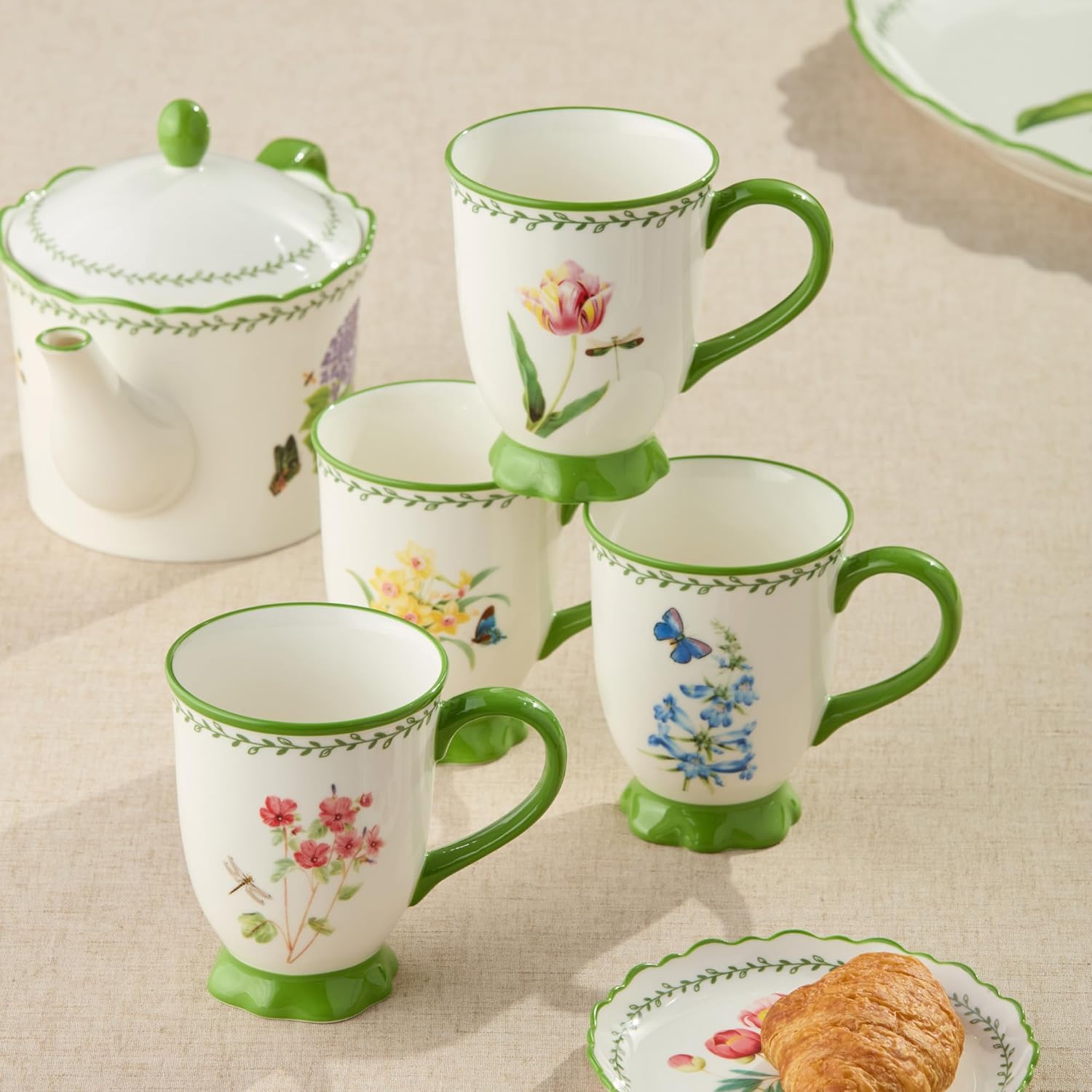 Mirabella Porcelain 14 oz FOOTED MUGS, SET OF 4, elegant floral and butterfly mugs with scalloped rim trim, perfect for coffee, tea, cocoa, morning rituals, entertaining and coordinated table styling