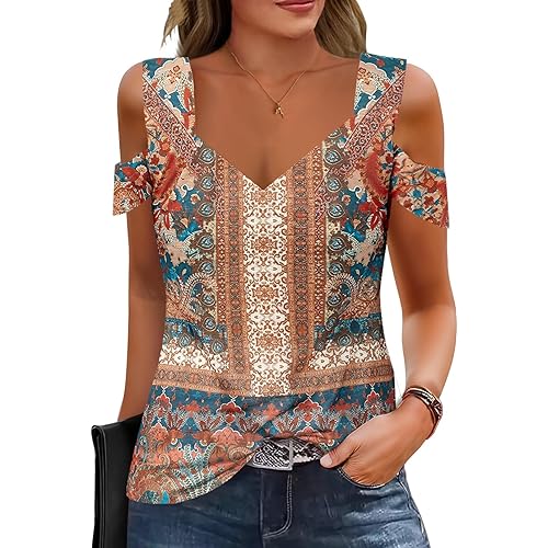Summer Tops Womens Tunic Top Short Sleeve Cold Shoulder V Neck Loose Fit Basic Tee Casual Tops T Shirts Blouse