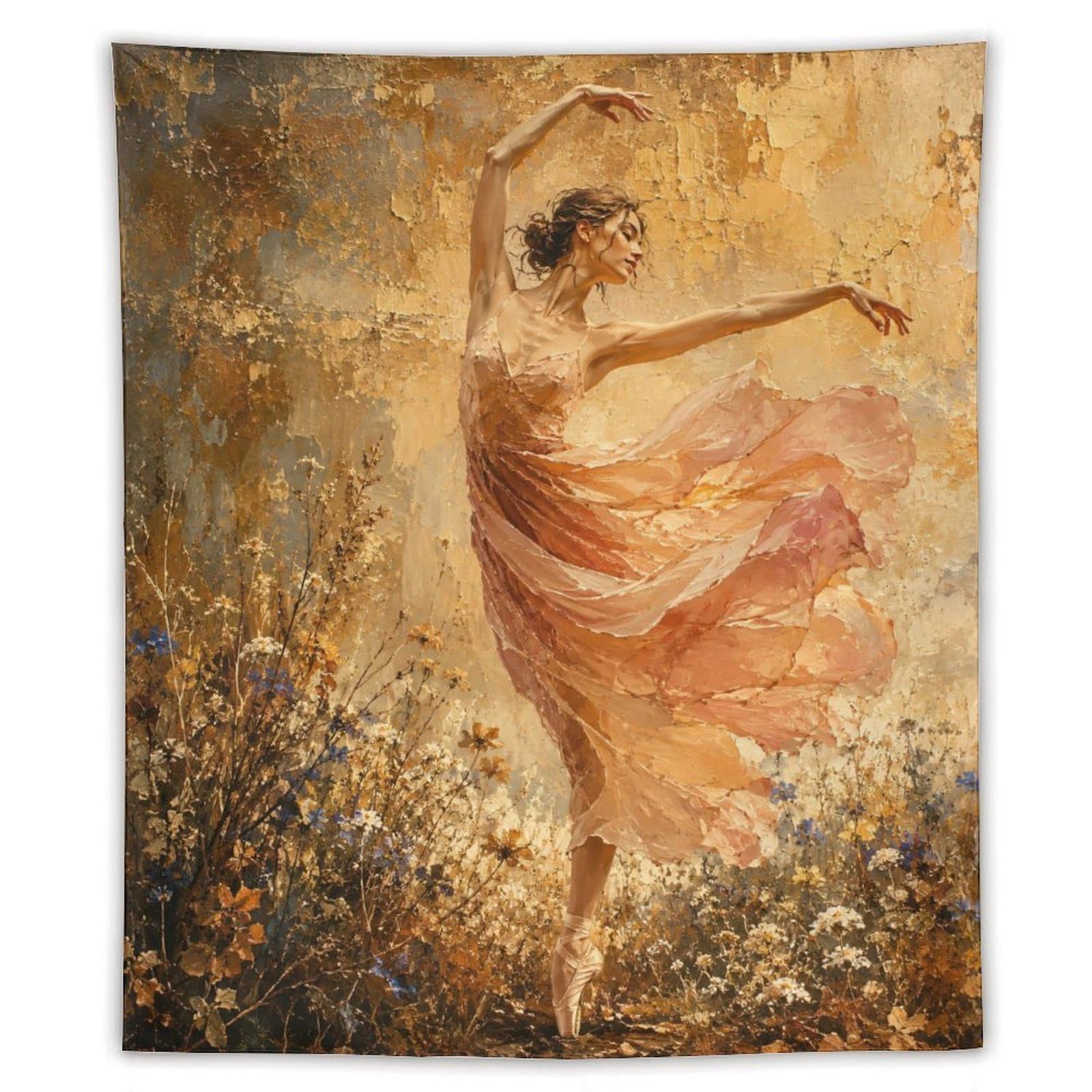 W7C8U2X3 Peach Floral Ballerina Wall Tapestry, Impressionist Light